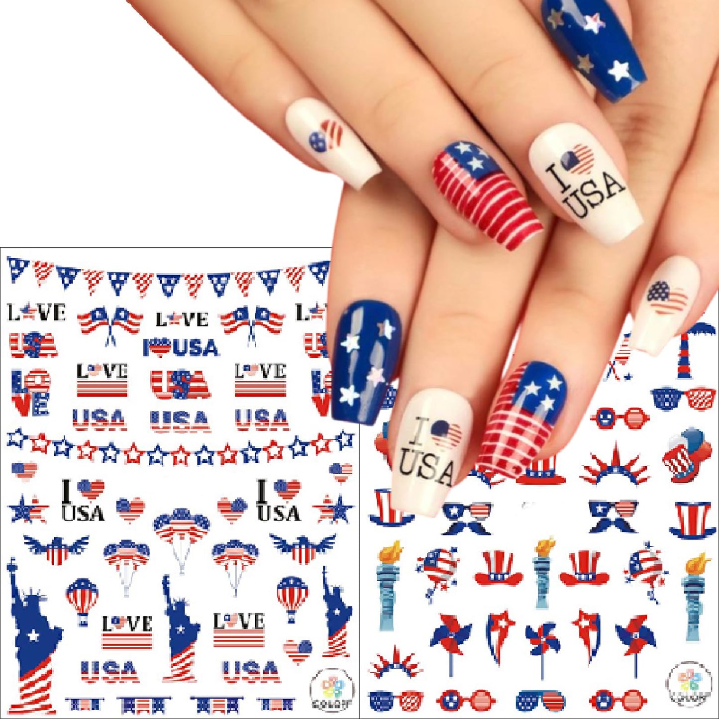 8 Sheets July 4th Nail Art Stickers Independence Day American Flag 3D Self-Adhesive Patriotic Eagle Star Memorial Day Nail Supplies Women DIY Nail Decorations