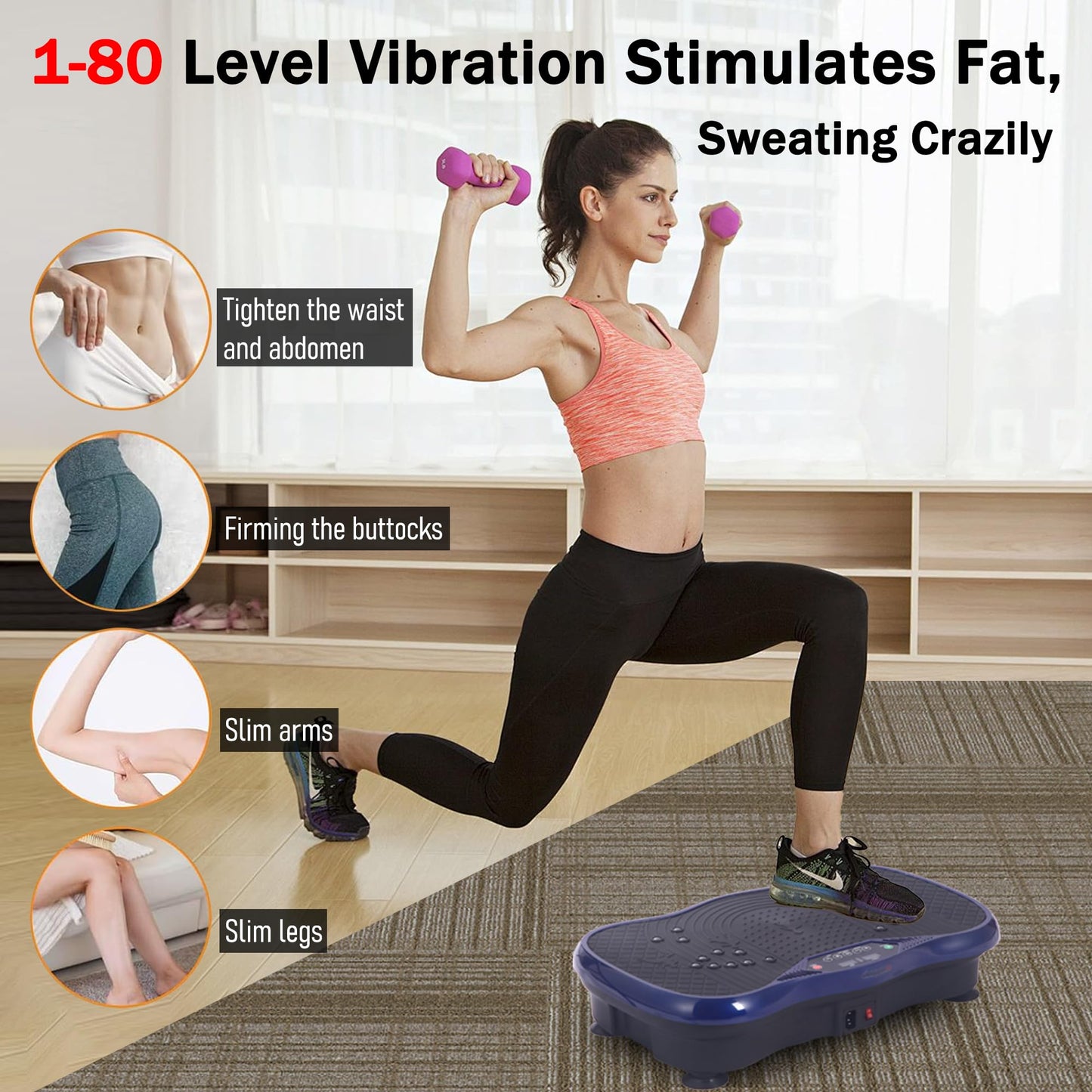 Vibration Plate Exercise Machine – Power Vibrating Plate for Lymphatic Drainage Weight Loss, Shake Plate Exercise Platform with Touch Screen & Resistance Bands, Equipment for Women Men (MN-0078-RED)