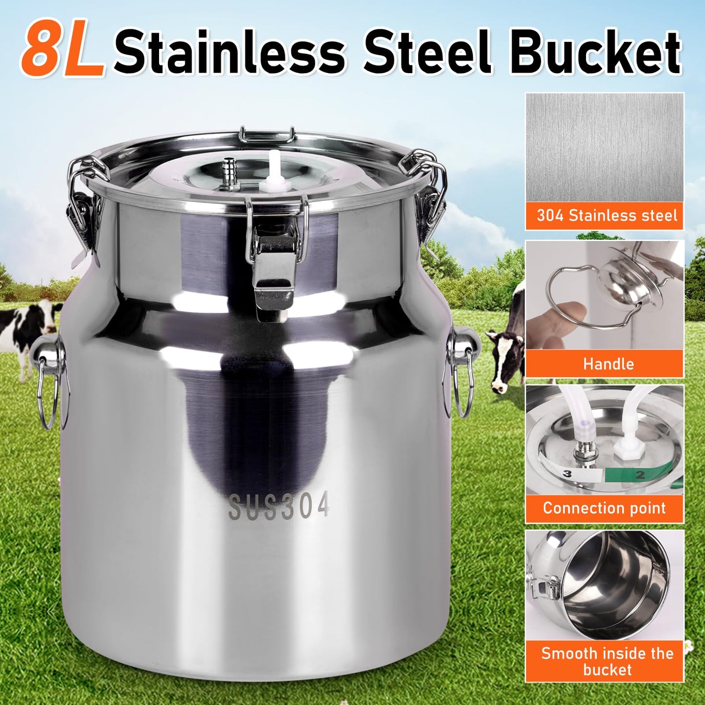 PKNYBZN 8L Milking Machine, Adjustable Suction Pulsation Vacuum Electric Milker, 2-in-1 Milking Machine with 304 Stainless Steel Buckets for Cows and Goats