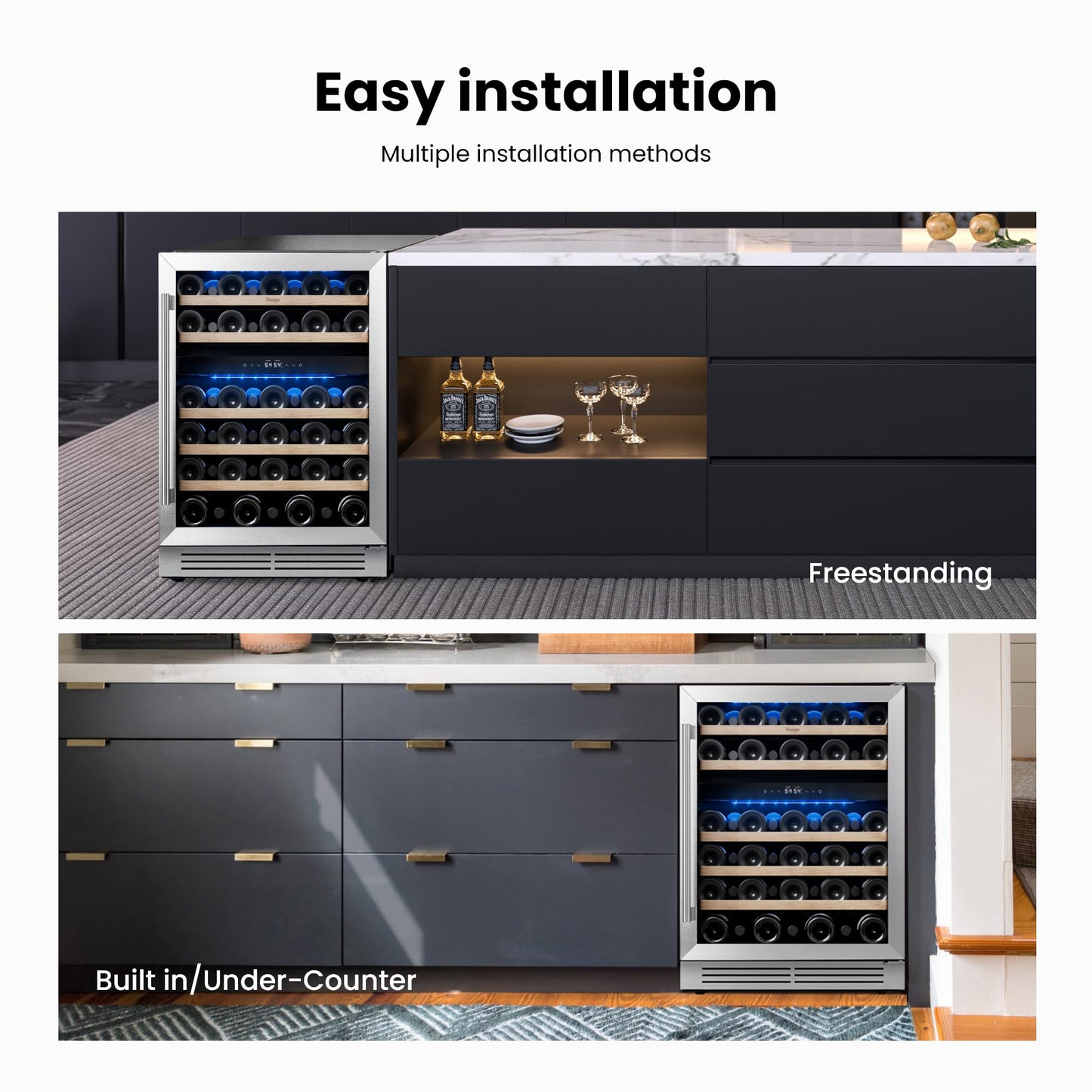 Yeego Wine Fridge Cooler - 24 Inch Dual Zone Wine Fridge Hold 52 Bottles, 40-65°F Wine Refrigerator Glass Door, Built in, Freestanding Under Counter Fridge for Beer Soda Drink Home Bar Office