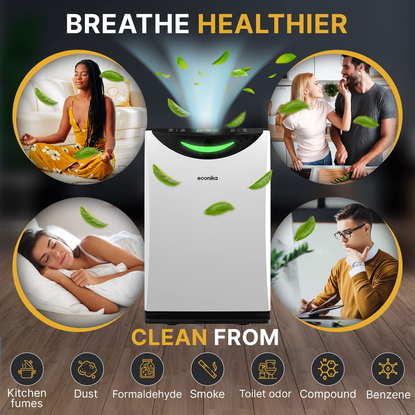 Econika Air Purifier and Humidifier Combo – HEPA Air Purifier with UV Light, Quiet for Bedroom and Living Room – Whole House Large Room Cleaner