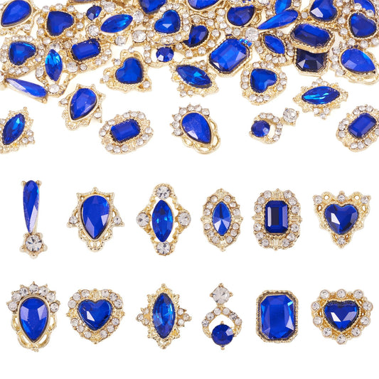 Craftdady 48Pcs Luxury Alloy Nail Rhinestone for DIY Nail Art Work Design Derocation Craft Jewelry Making Blue Theme Horse Eye Heart Teardrop Flat Round Nails Diamond Glass Crystal Charms