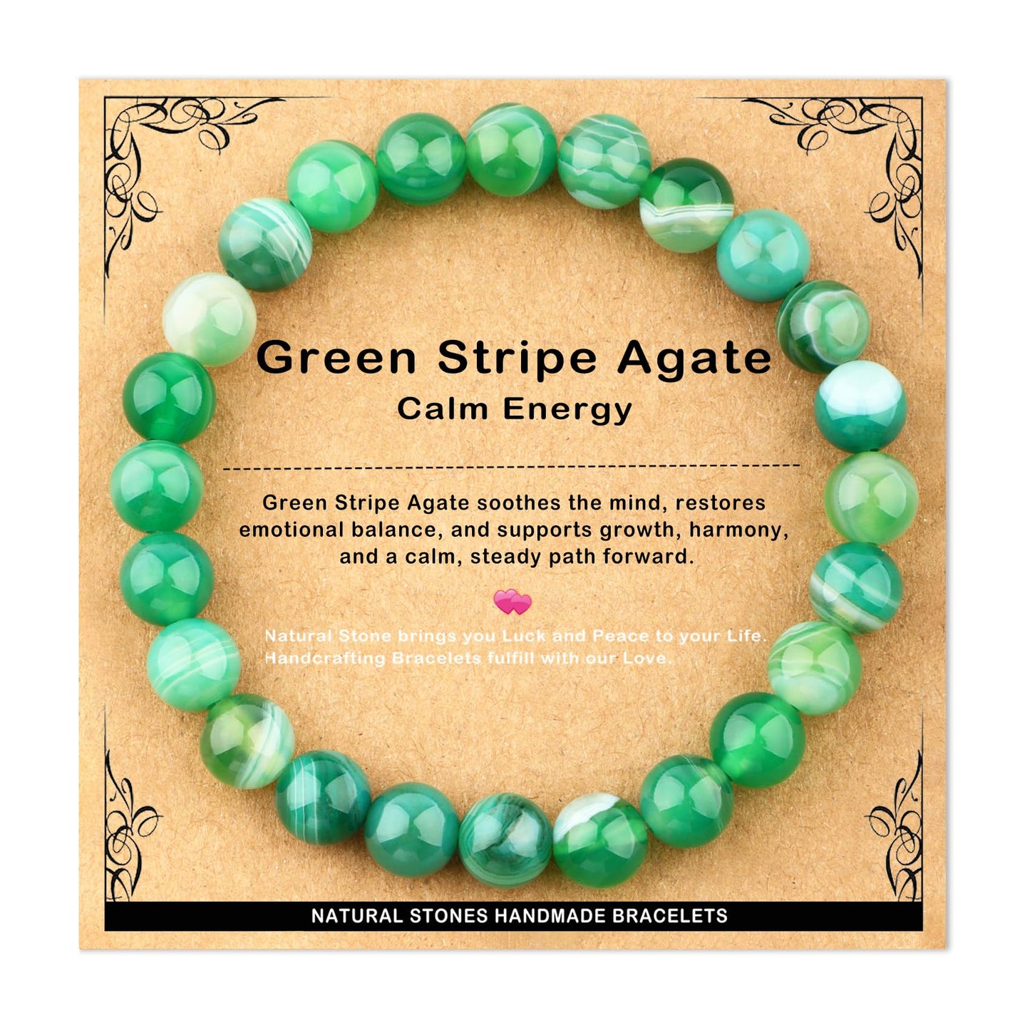 AD Beads 8mm Handmade Green Stripe Agate Elastic Bracelet – Natural Gemstone for Calm energy – Meditation, Yoga, Healing and Energy Gift for Men Women