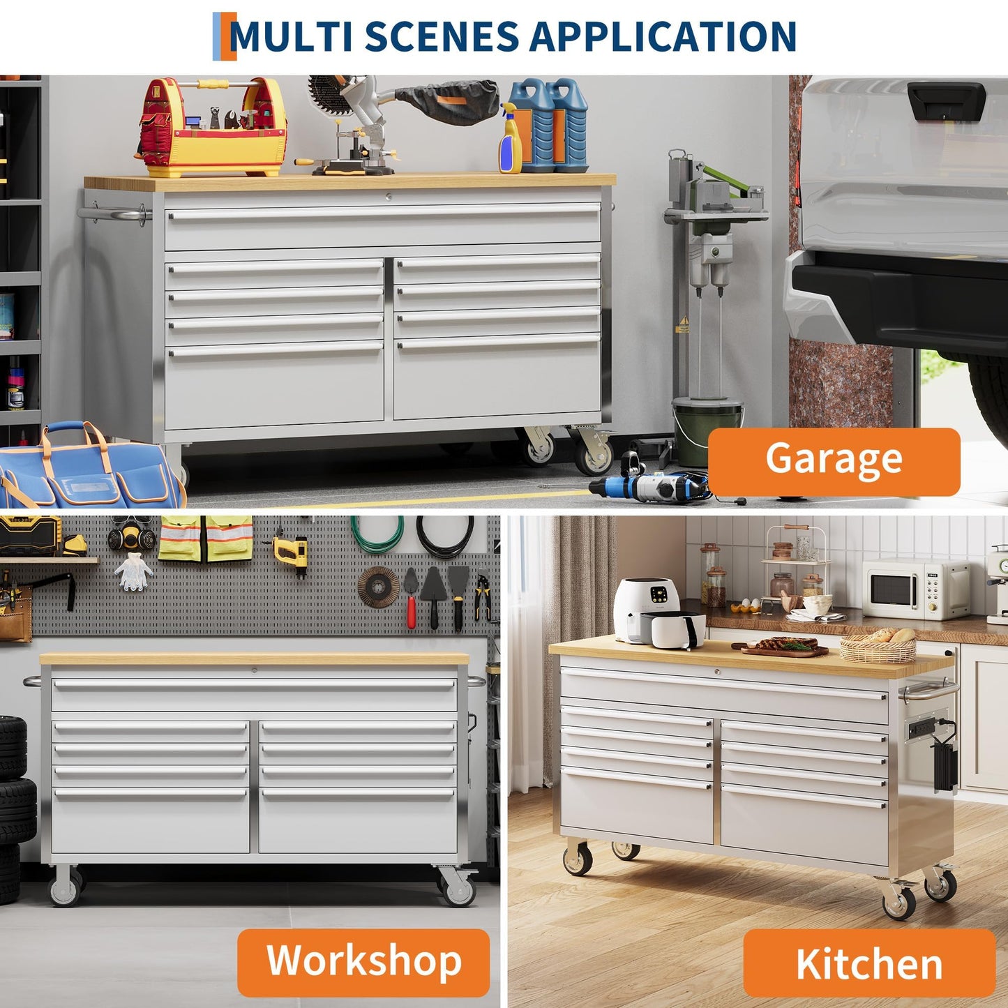 MilleLoom Tool Chest, 61 Inch Tool Box Mobile 9 Drawers Storage Rolling Cabinet with Wheels Lock Key Locking System Drawer Liners for Garage Warehouse Repair Shop, Sliver