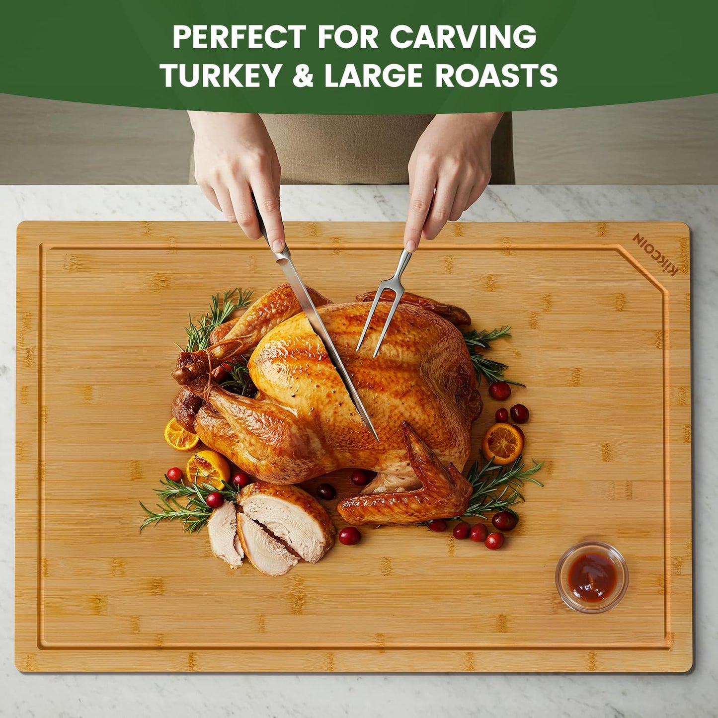 Kikcoin 36”×24” Bamboo Cutting Boards for Kitchen, Heavy Duty Wooden Cutting Boards, Healthy Extra Large Chopping Boards with Deep Juice Groove and Handle, Oversized Stove Top Cover, Natural