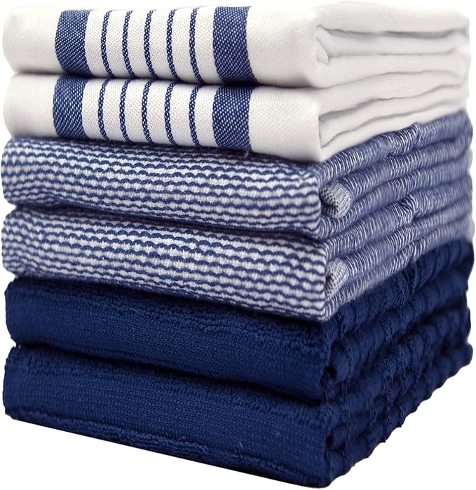 Premium Kitchen Towels (20âx 28â, 6 Pack) | Large Cotton Dish Towels | Flat & Terry Highly Absorbent Kitchen Linen Set with Hanging Loop | Navy Blue Striped
