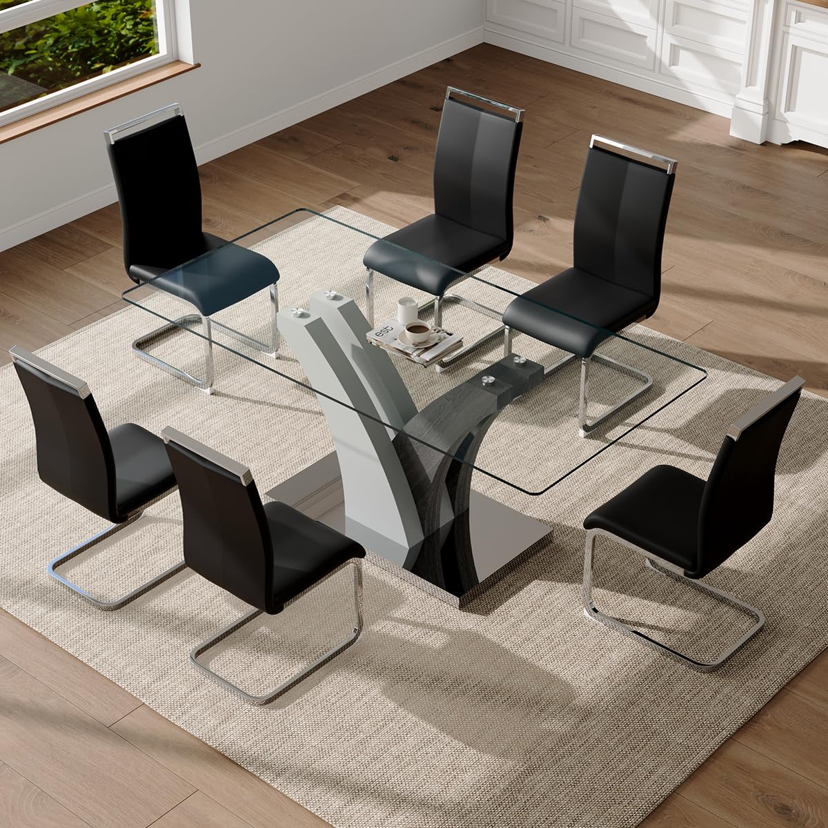 JEARGE Glass Dining Table Set for 6, 71” Kitchen Table Set for 6, Large Dining Room Table Set with PU Leather Chairs, Rectangular Tempered Glass Tabletop with Stable Silver Base