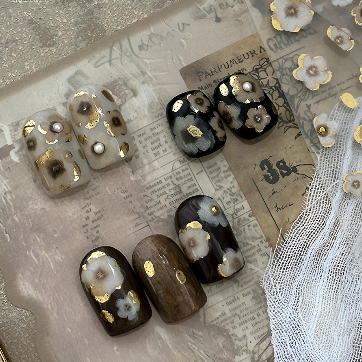 Flower Nail Art Stickers 5D Embossed Nail Decals with Pearls Design Summer Spring Nail Stickers for Nail Art Brown Flower Nail Design Self Adhesive Nail Charms Decoration Accessories for Women