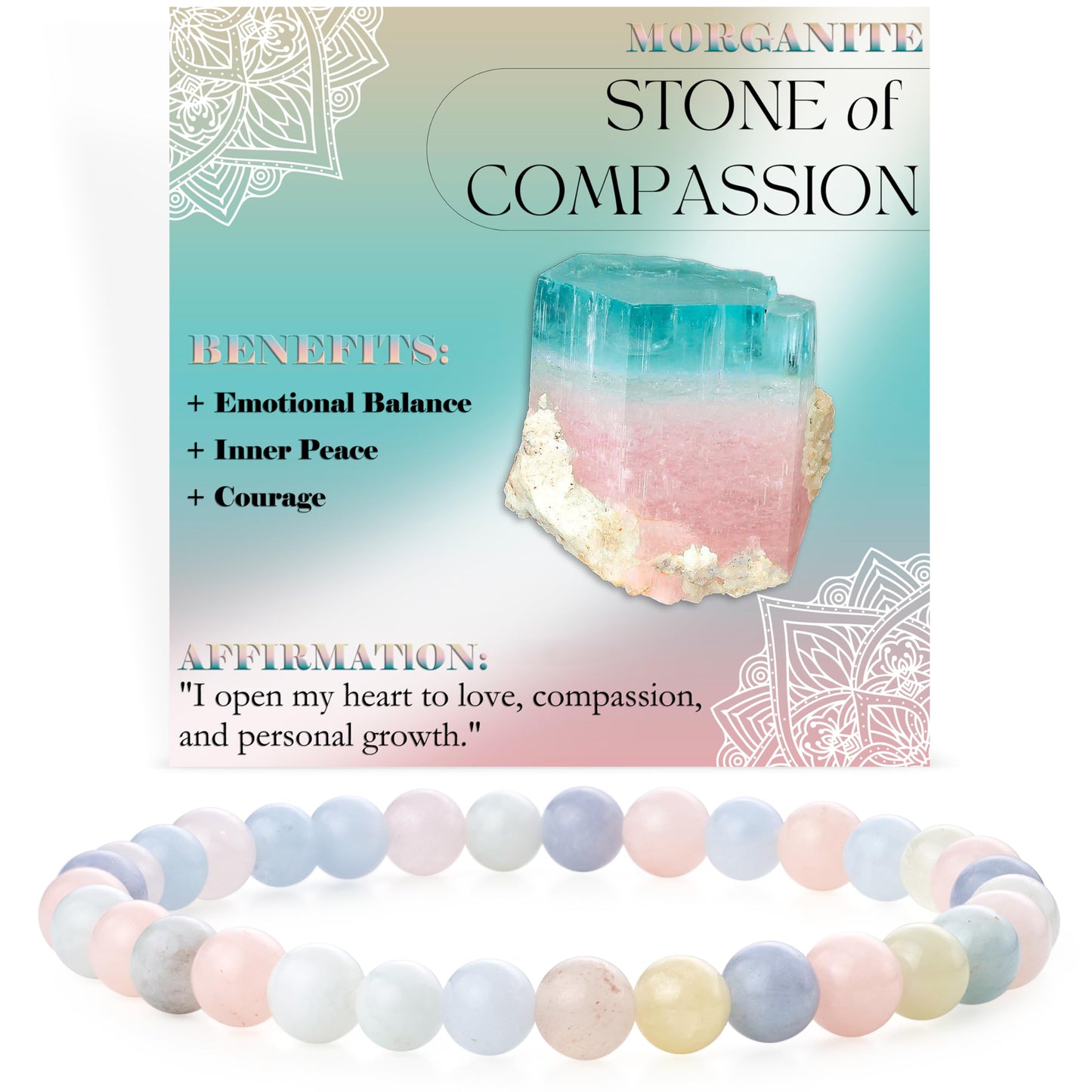 Bivei Morganite - Compassion - 6mm Beaded Bracelets for Women Handmade Semi Precious Natural Stone Stretch Elastic Jewelry for Women Yoga Protection Gifts