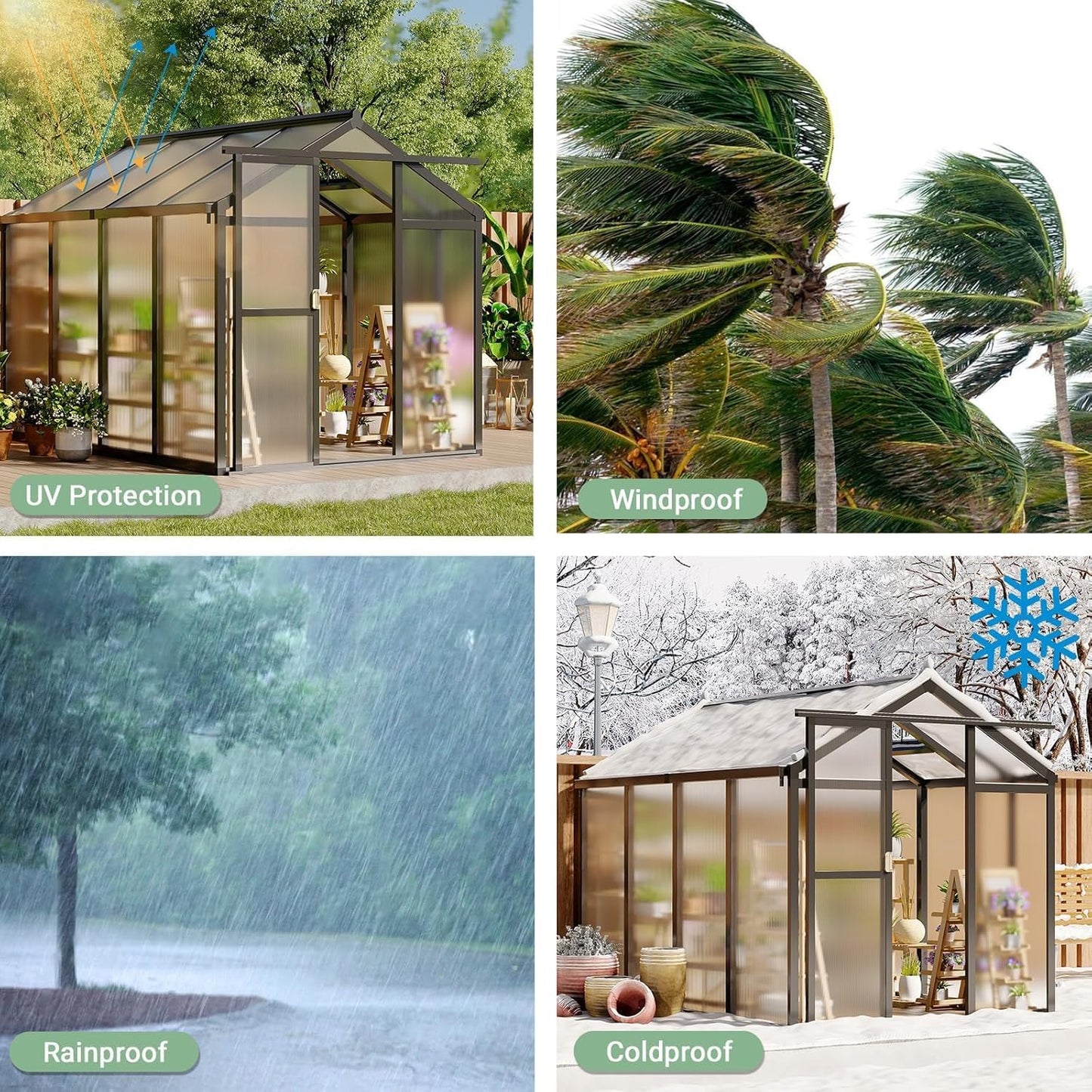 Greenhouse Sturdy Polycarbonate Walk-in Green House of Aluminum Frame w/ Roof Vent & Wind Resistance for Garden Backyard, Quick Setup, 8 ft x 6 ft