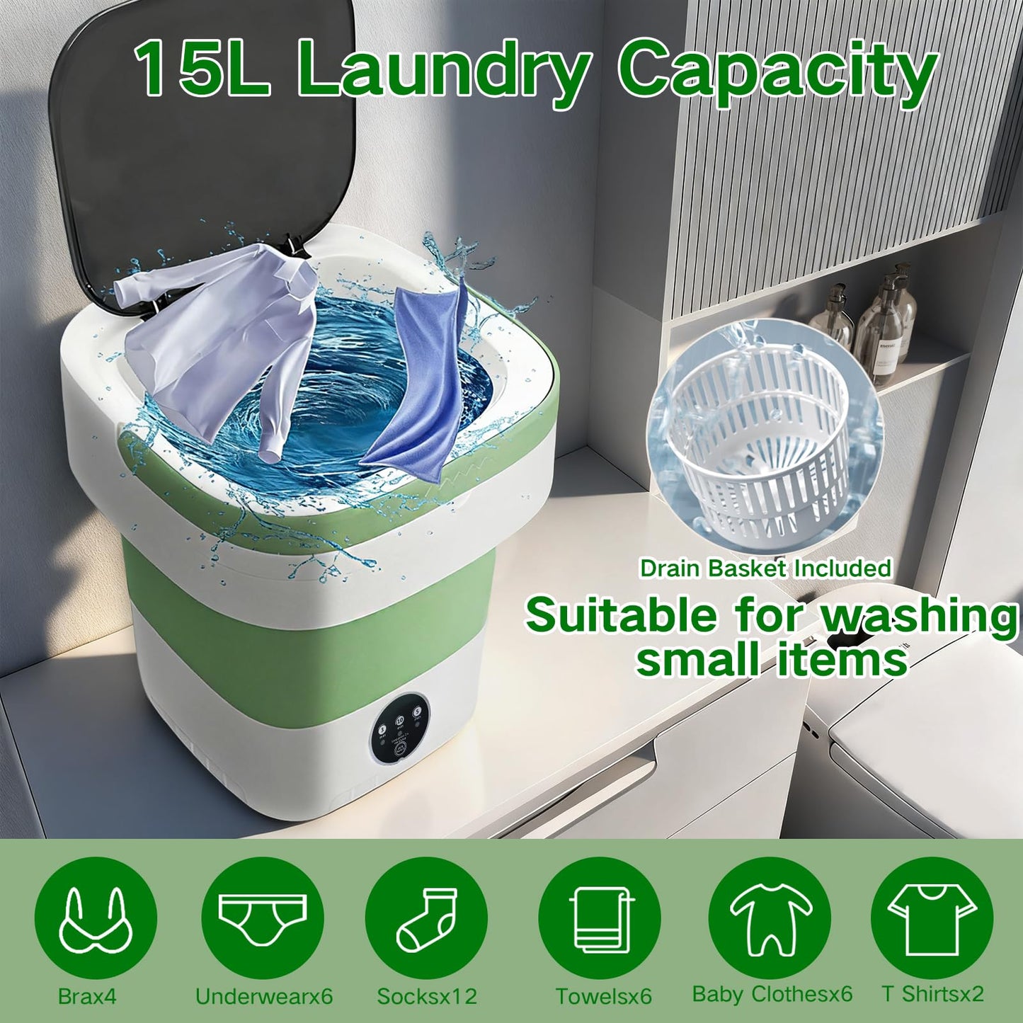 LGLRTD Portable Washing Machine, 15L Mini Collapsible Washer with 3 Cleaning Modes for Baby Clothes, Underwear, Small Foldable Laundry for Travel Apartment Home Dorm Hotel Camping (White+Green)