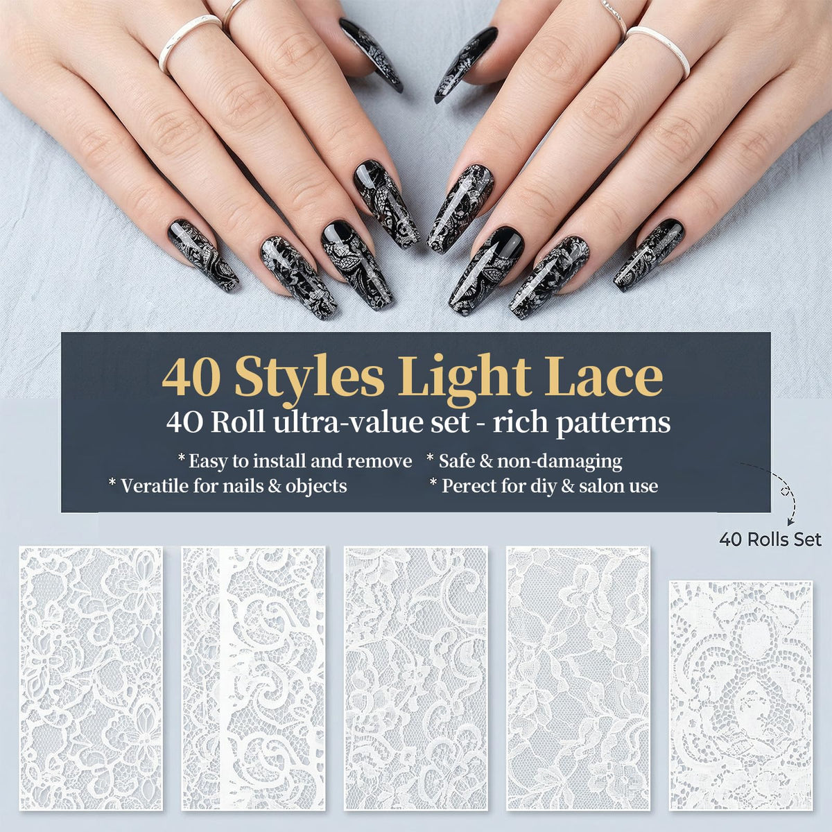 Aiuulu 40 Rolls Lace Nail Foil, Holographic Lace Transfer Foil Sheets for DIY Nails Art, 4 Boxes Black & White Transfer Stickers Flower Decals