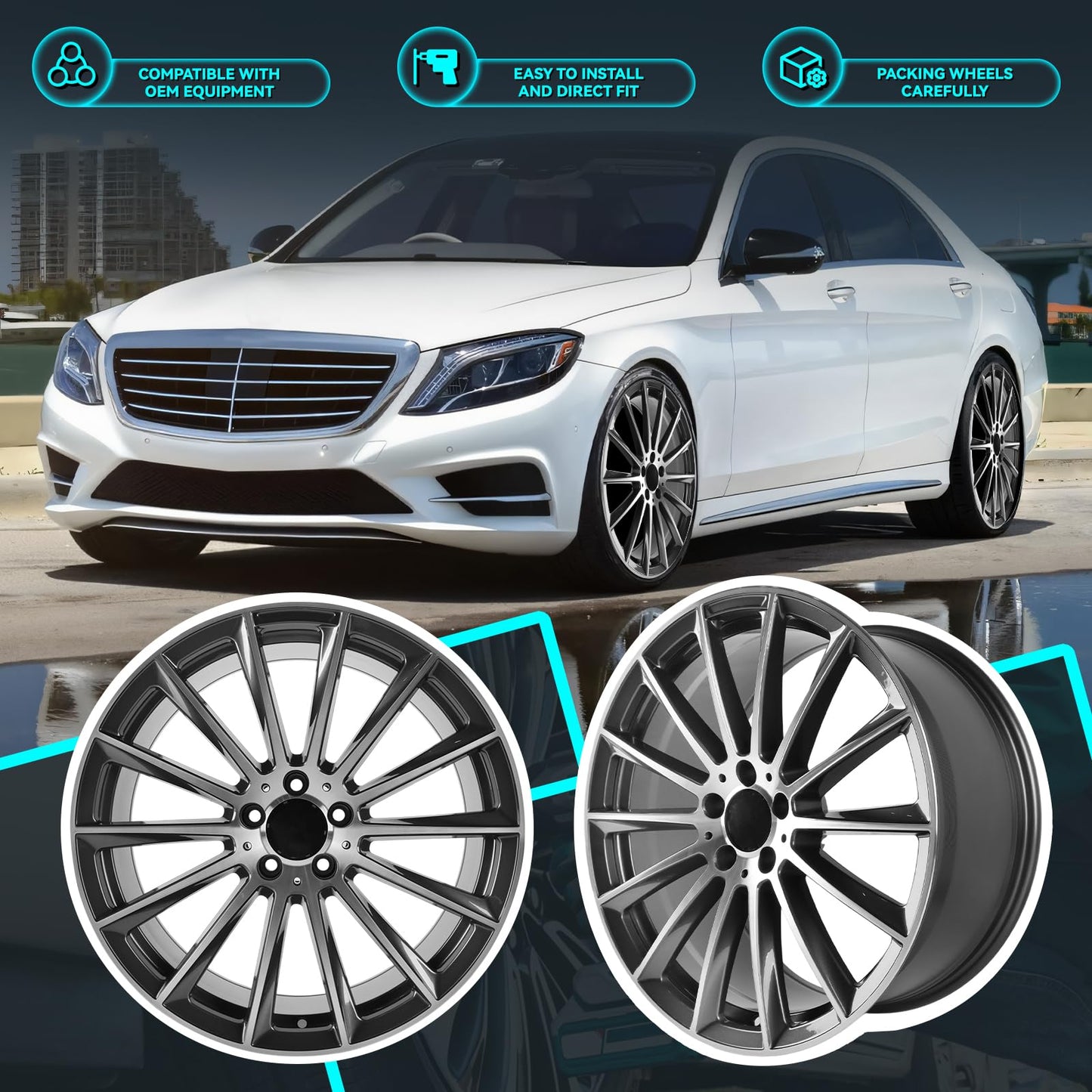 HOLUEKU 20Inch 20"x9.5" Rear Multispoke Premium Aluminum Alloy Wheel Rim Fits for Mercedes Benz S500 S550, Bolt Pattern-5x112mm, Offset-43mm, Hub Bore-66.6mm