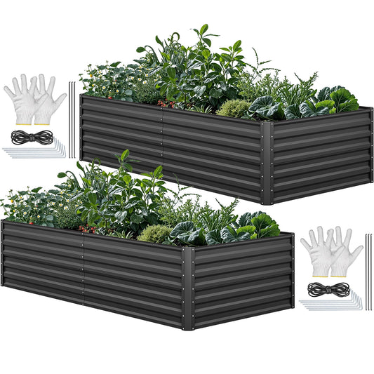 YITAHOME 8x4x2ft 2pcs Large Raised Garden Bed Kit, Galvanized Metal Planter Box with Gloves, Ground Nails & Safety Rubber, Outdoor Above Ground Planters for Plants Vegetables Flowers, Black