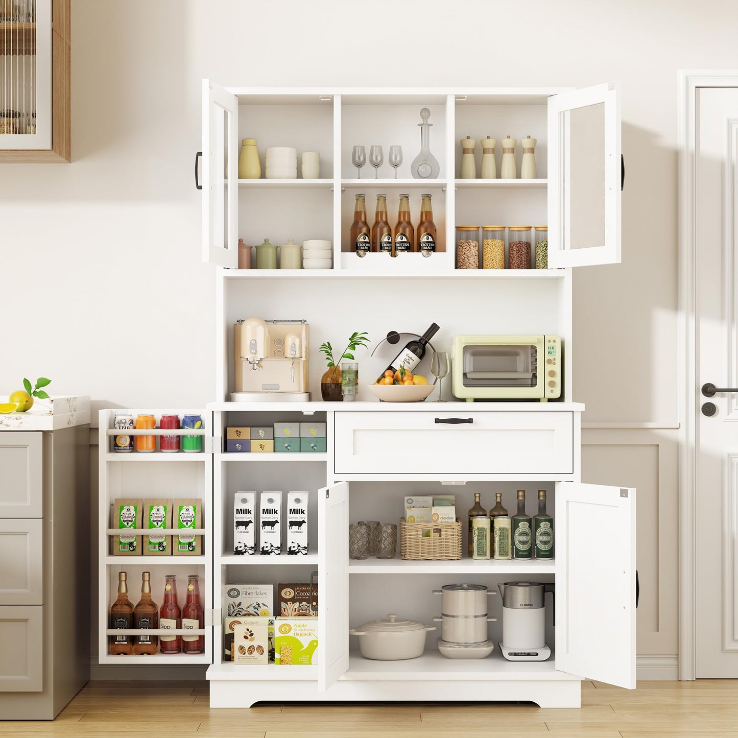 Shintenchi Kitchen Pantry Storage Cabinet, Freestanding Buffet Cabinet with Microwave Stand & 4 Door Shelves, Kitchen Hutch with Doors, Adjustable Shelves and Wine Rack, White
