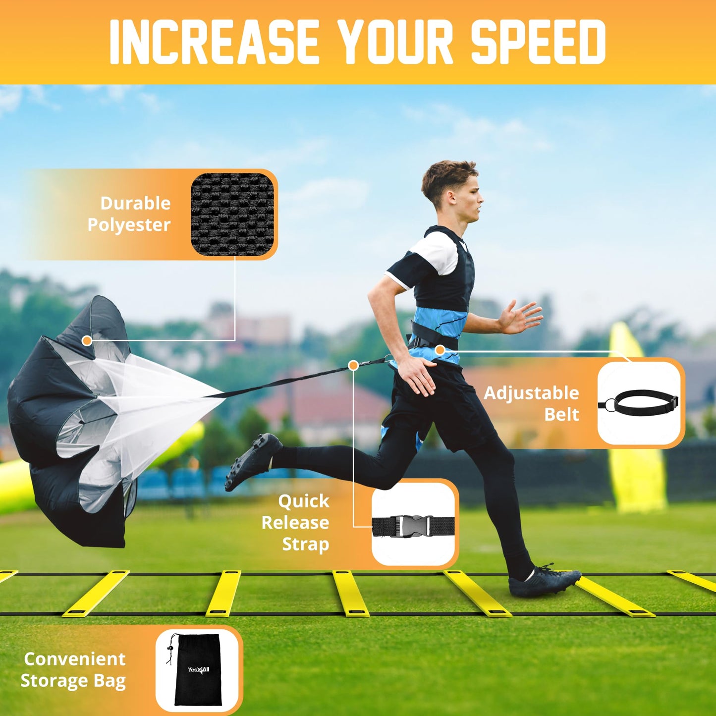 Yes4All Speed Training Equipment Set: 15ft Agility Ladder, Resistance Parachute, 5 Agility Hurdles, 12 Disc Cones with Carry Bag/Strap