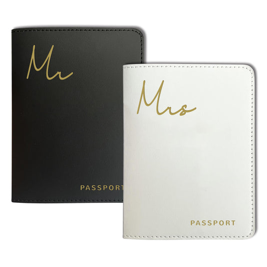 Mr&Mrs Gifts Matching Passport Holders for Mr and Mrs, Gold Foil Logo, Dual PU Leather with Card Pockets, Honeymoon Travel Essentials Gift for Newlyweds(MM Black White)