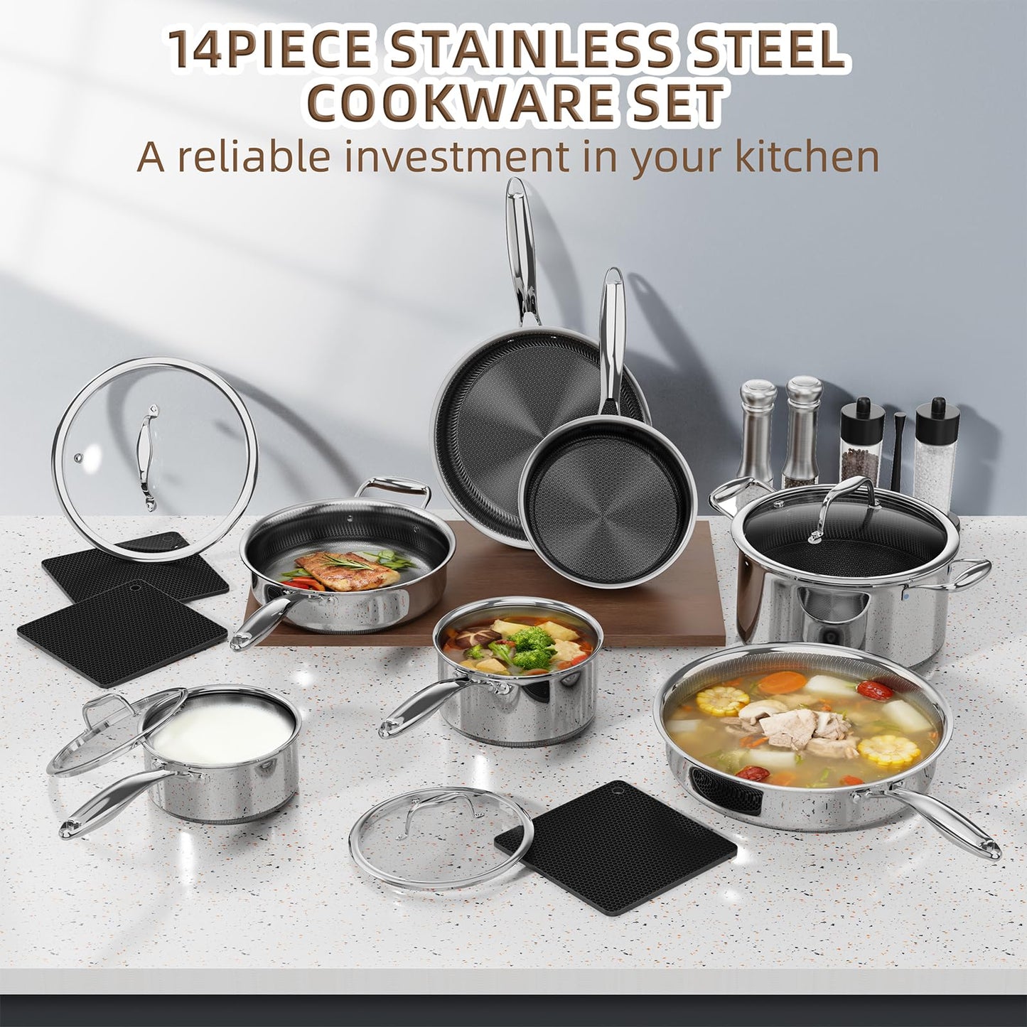 Yoehka 14-Piece Hybrid Stainless Steel Cookware Set, Non-Stick Pots and Pans Set with 3 Silicone Trivets | Induction Compatible Frying Pans, Saucepans, Saute Pan & Stock Pot | Oven Dishwasher Safe