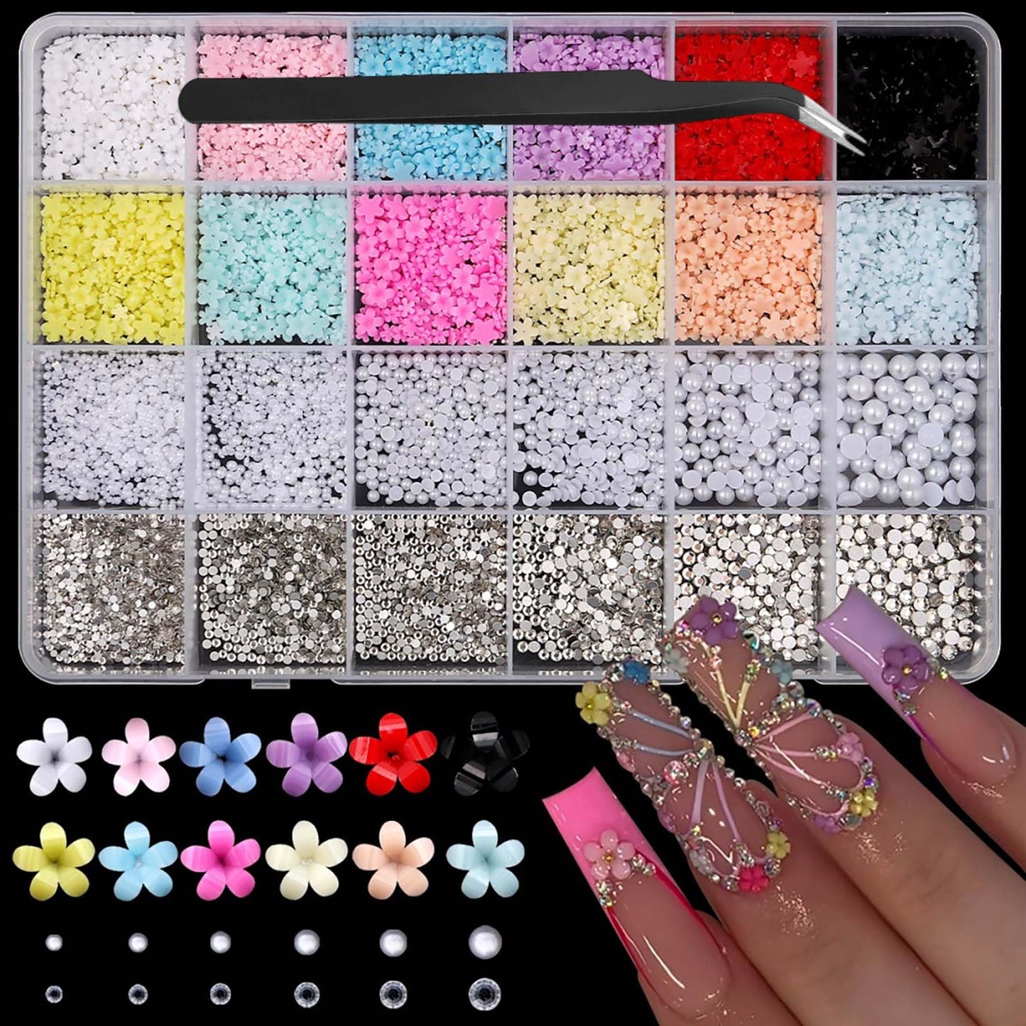 Flower Nail Charms 3D Resin Red Black Floral Nail Gems Cute Pearl Nail Jewels Shiny Tiny Rhinestones Nail Art Supplies for Women DIY Acrylic Nail with Tweezers 12 Grids 1 Box 12 Styles