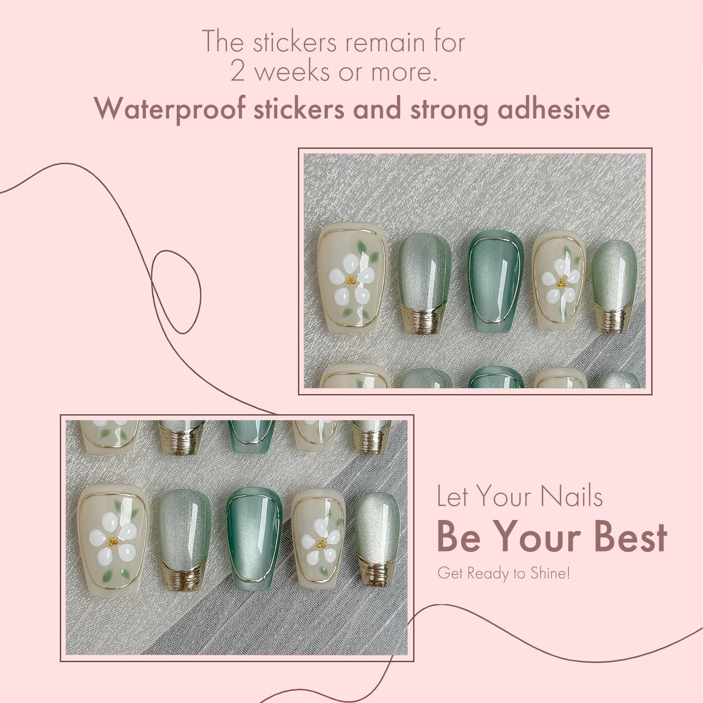 Daisy Meadow 10pcs Press On Nails, Soft Green Gradient & Creamy Nude Floral Press-Ons, Pastel Spring Acrylic/UV Gel Fake Nails for Women, Summer Fresh Style Wearable Nails (green, SS)