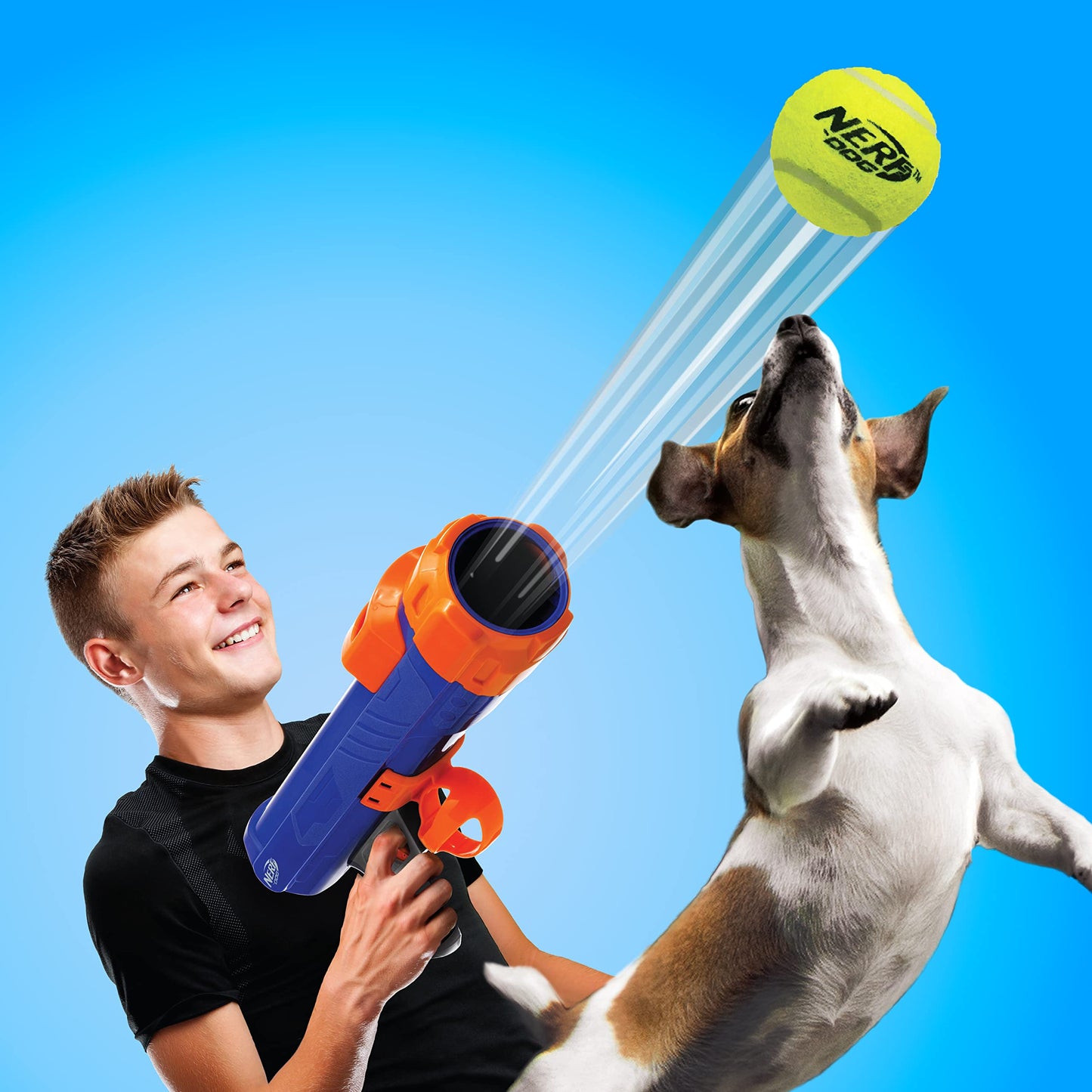 Nerf Dog 12in Blaster w/o Ball Clip 3 2in Squeak Tennis Balls - Opaque Blue/Orange/Gray and Orange and Blue and Green, Small