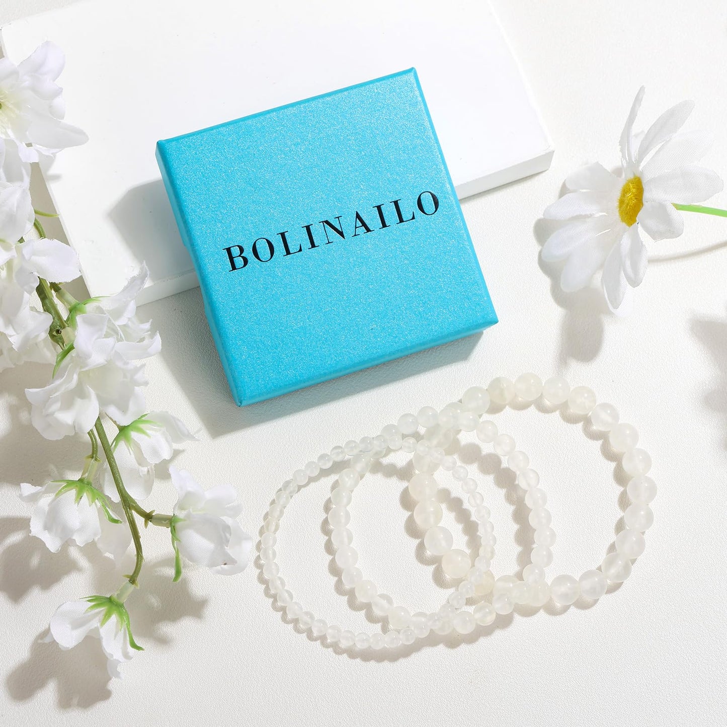 Bolinailo 3Pcs Natural Healing Crystal Bracelets for Women Men, 4mm 6mm 8mm Beaded Stretch Bracelet Set, Selenite Natural Stone Gemstone Jewelry Gifts for Meditation, Reiki & Yoga