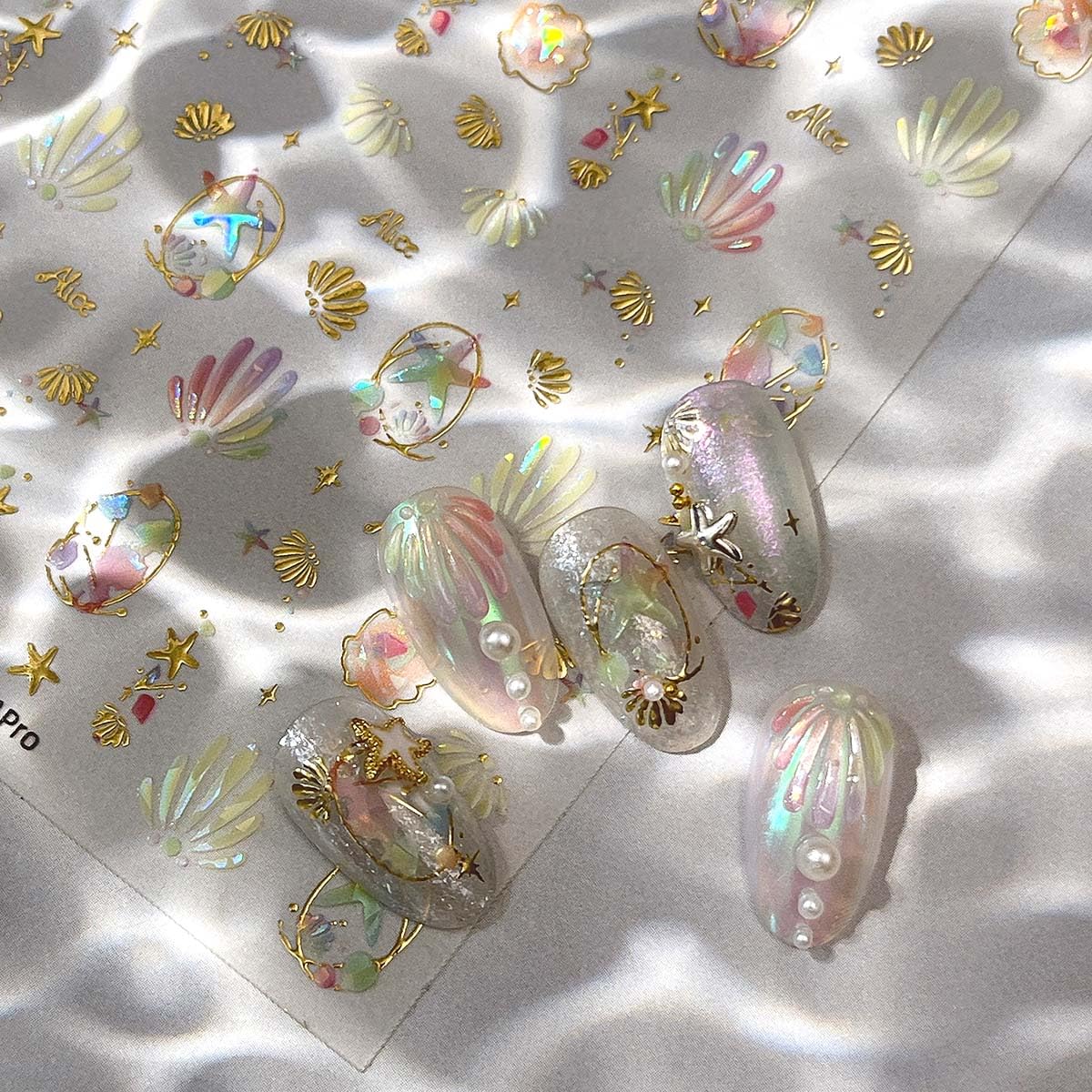 Summer Iridescent Nail Stickers Seashell Starfish Nail Decals Gold Stickers for Nails Design 3D Self Adhesive Nail Art Supplies & Decorations for Women Girls,1 Sheet DIY Manicure Decor