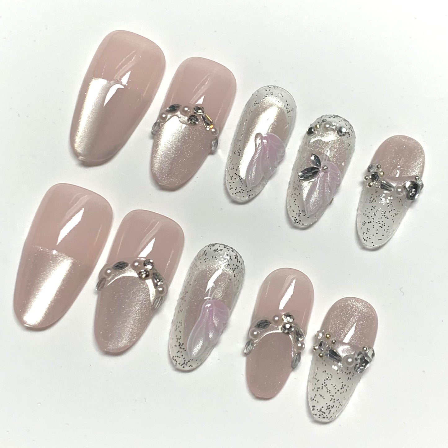 BABALAL Press on Nails, Medium Almond Fake Nails, Sliver Cat Eye Design, Pearl Rhinestone Charm Luxury Bling sparkly Acrylic, 24Pcs False Nails for Women Girls