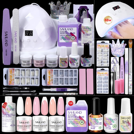 SAVILAND Acrylic Nail Kit: Professional Nails Kit Set Clear White Pink Acrylic Powder and Liquid Set with U V Nail Lamp Nail Remover for DIY Home Use