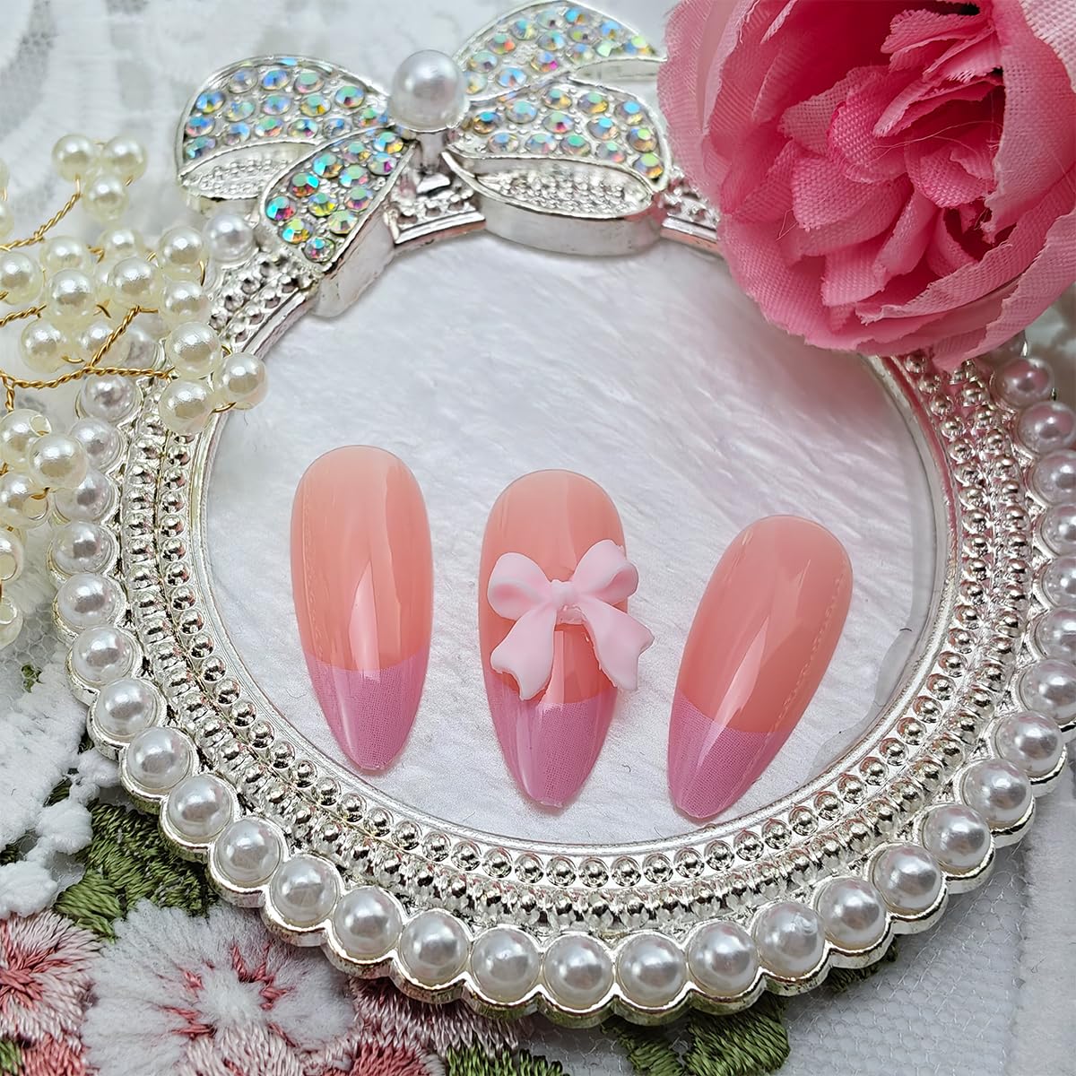 24Pcs Pink French Tip Press on Nails Short Almond Fake Nails with 3D Bow Gems Design Pink Glue on Nails Glossy Full Cover Cute False Nails French Tip Artificial Acrylic Nails Decoration for Women DIY