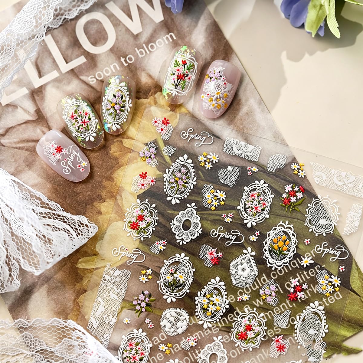 5D Embossed Nail Stickers Spring Summer Flower Nail Art Stickers Lace Frame & Floral Bouquet Nail Sliders Cute Self-Adhesive Nail Decals for Women Girls DIY Manicure, 1 Sheet