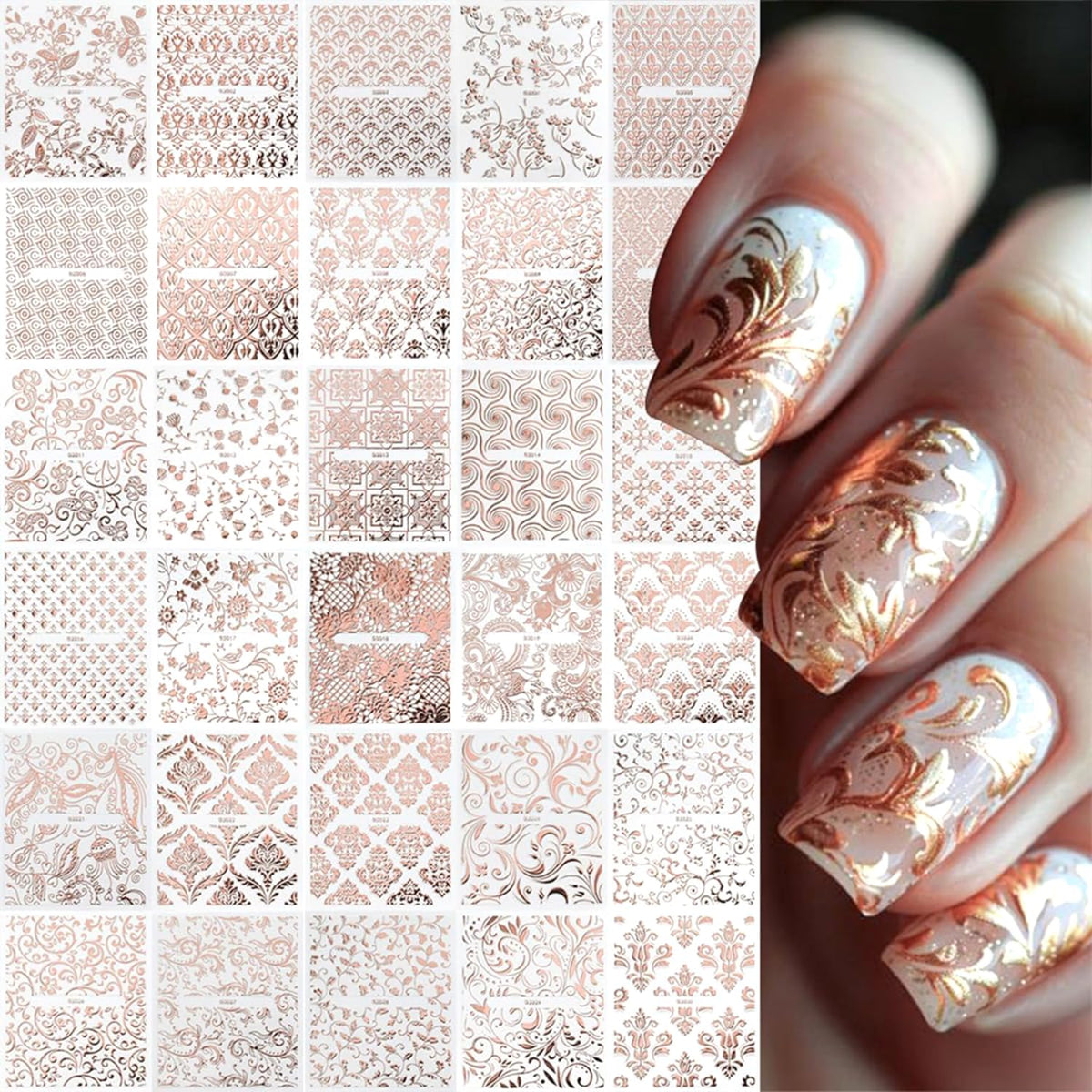 30 Sheets Rose Gold Nail Art Stickers Hollow Retro Floral Vine Design Self Adhesive Nail stickers Gold Line Nail Art Decals for Acrylic Nail decals Women and Girls Nail Supplies Decoration Accessories