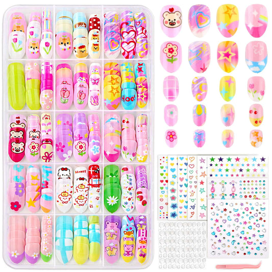 Press On Nails for Kids, 360 Pcs Almond Fake Nails for Girls, Heart Flower Nail Stickers, 3D Rhinestone Stickers Face Gems, Nail Art Kit for Girls Gift 8-12