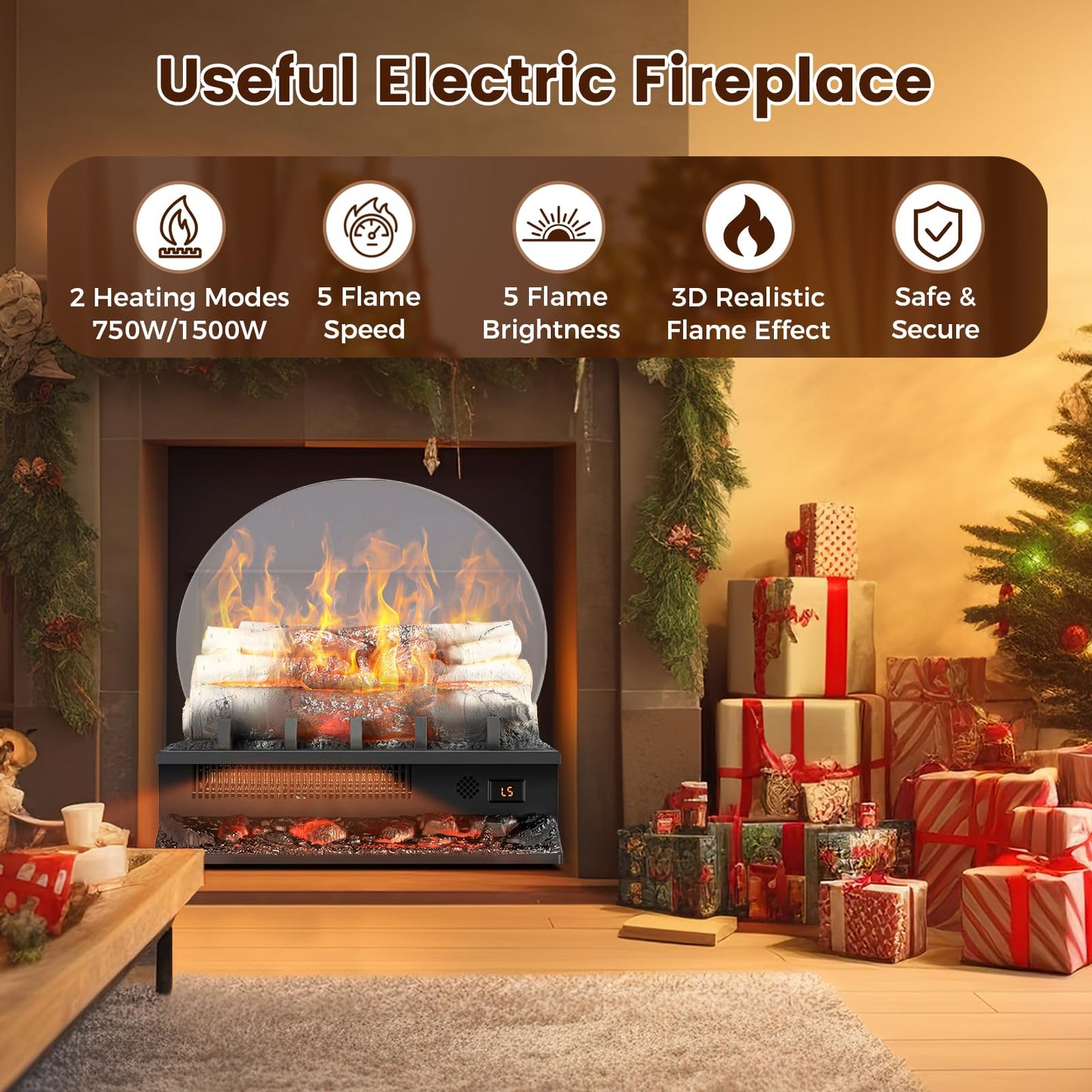 21" Freestanding Electric Fireplace Log Set with Cracking Sound, Fireplace Insert Heater with 8H Timer, 750w/1500w, 5 Flame Brightness & 5 Flicker Speeds, Overheat Protection, Remote Control