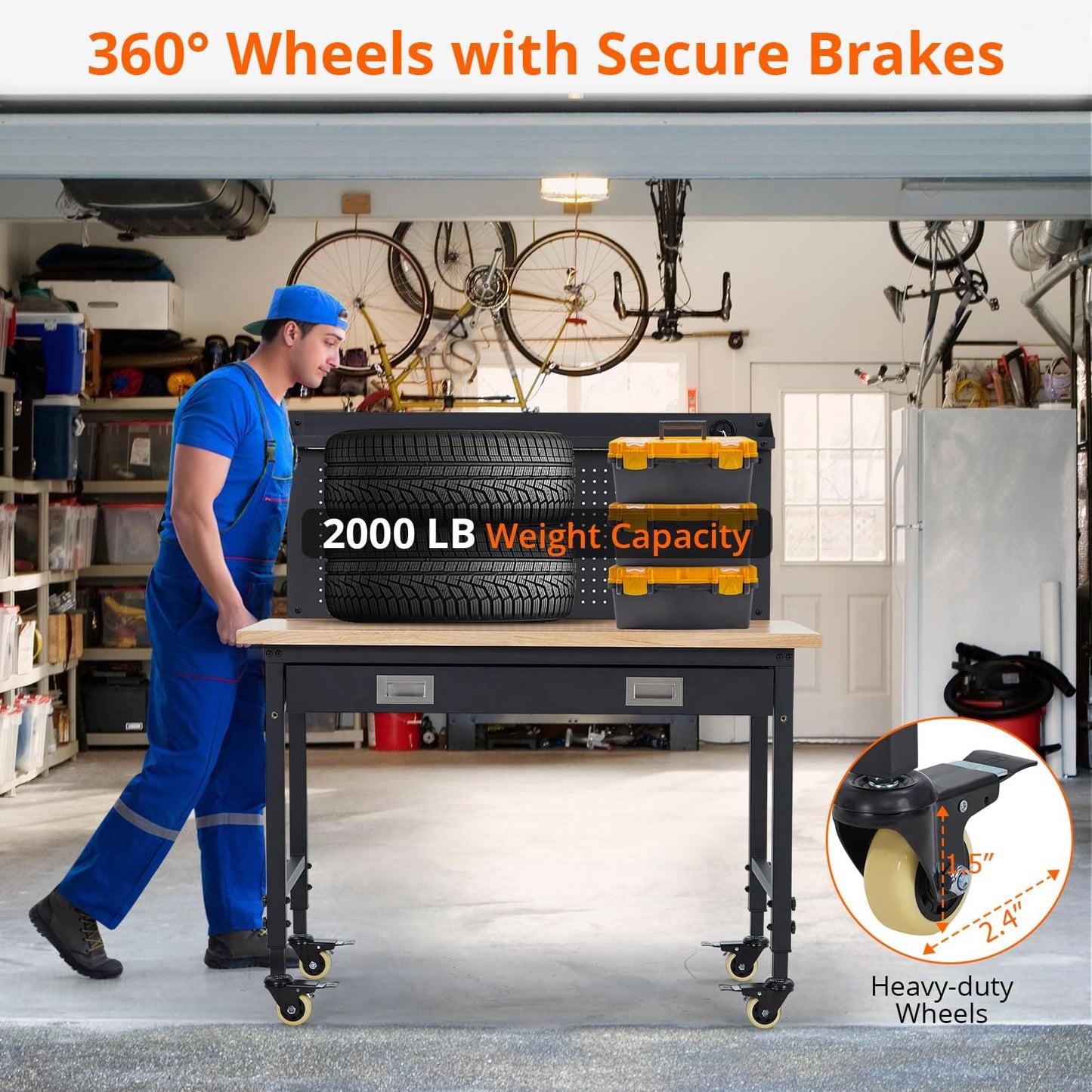 48'' Adjustable Workbench on Wheels, 2000LBS Heavy Duty Worktable with Power Outlets & Drawers & Pegboard, Rubberwood Workstation for Workshop, Garage, Office, Home