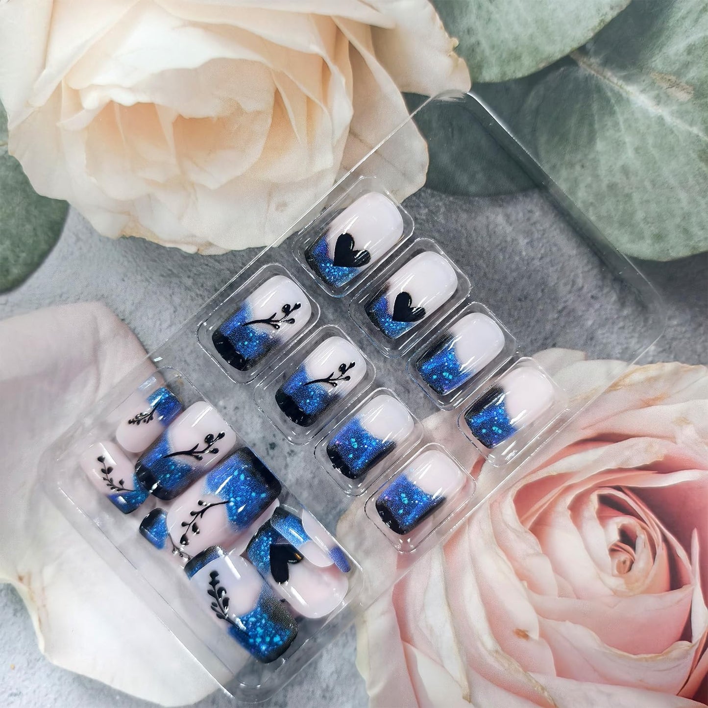 Valentines Press on Nails Medium Square Artificial Acrylic French Black Fake Nails Gradient Black Love Coffin Nail Full Cover Glossy Stick on Nail Artificial Fingernails for Women Festival Manicure