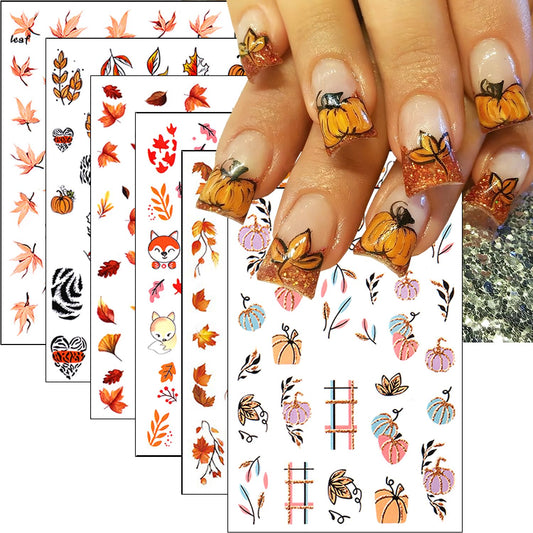 6 Sheets Fall Nail Art Stickers Thanksgiving Day Nails Decals 3D Self Adhesive Maple Leaf Nail Stickers Cute Fox Pumpkin Maple Leaves Design Fall Nails Supplies for Women Autumn DIY Manicure Decor