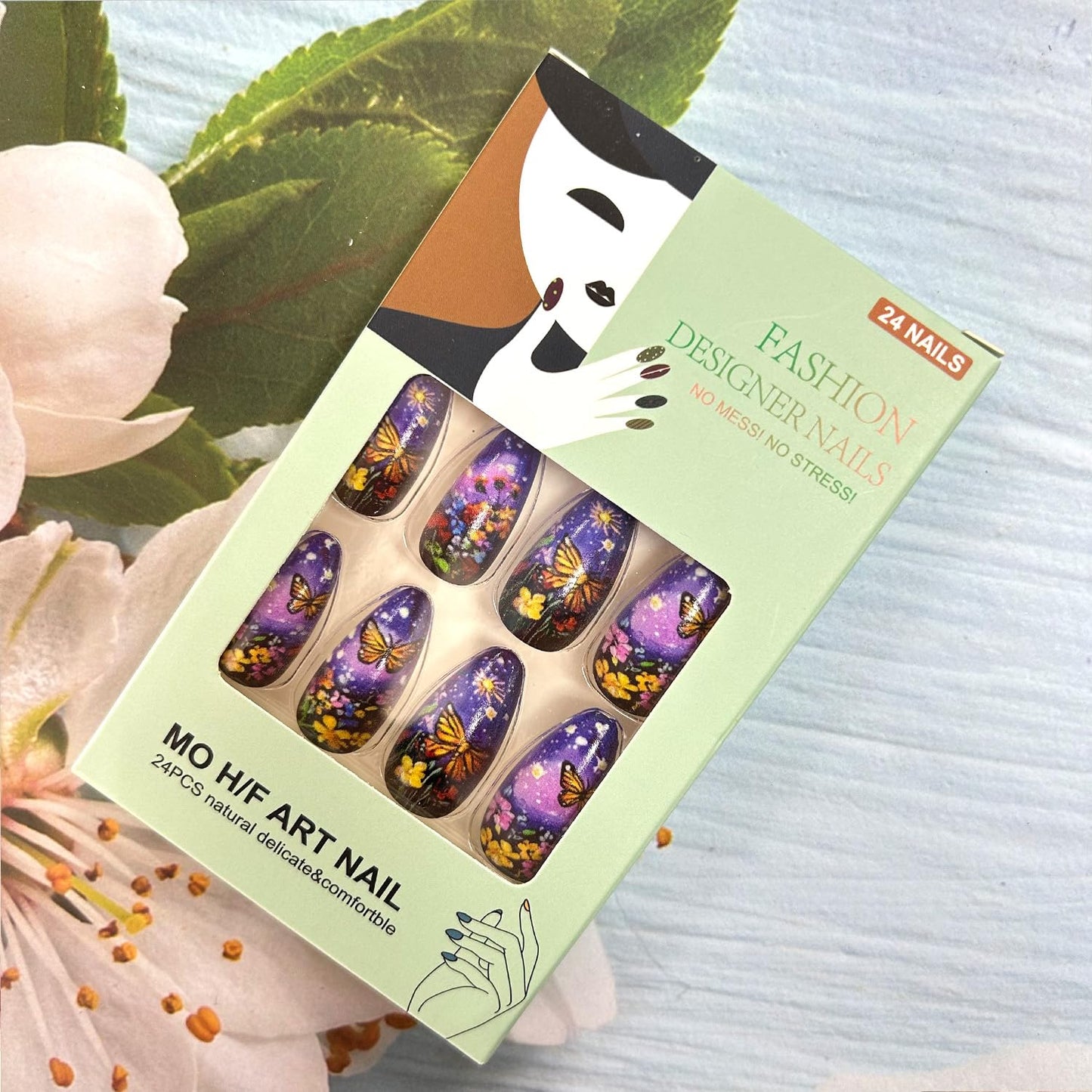 CJDLTS Purple Press on Nails Almond Medium Butterfly Colorful Flower Pattern Design Full Cover Glossy Acrylic Fake Nail Spring Blossom Stick on Nail 24Pcs DIY Press Ons Glue on Nails for Women