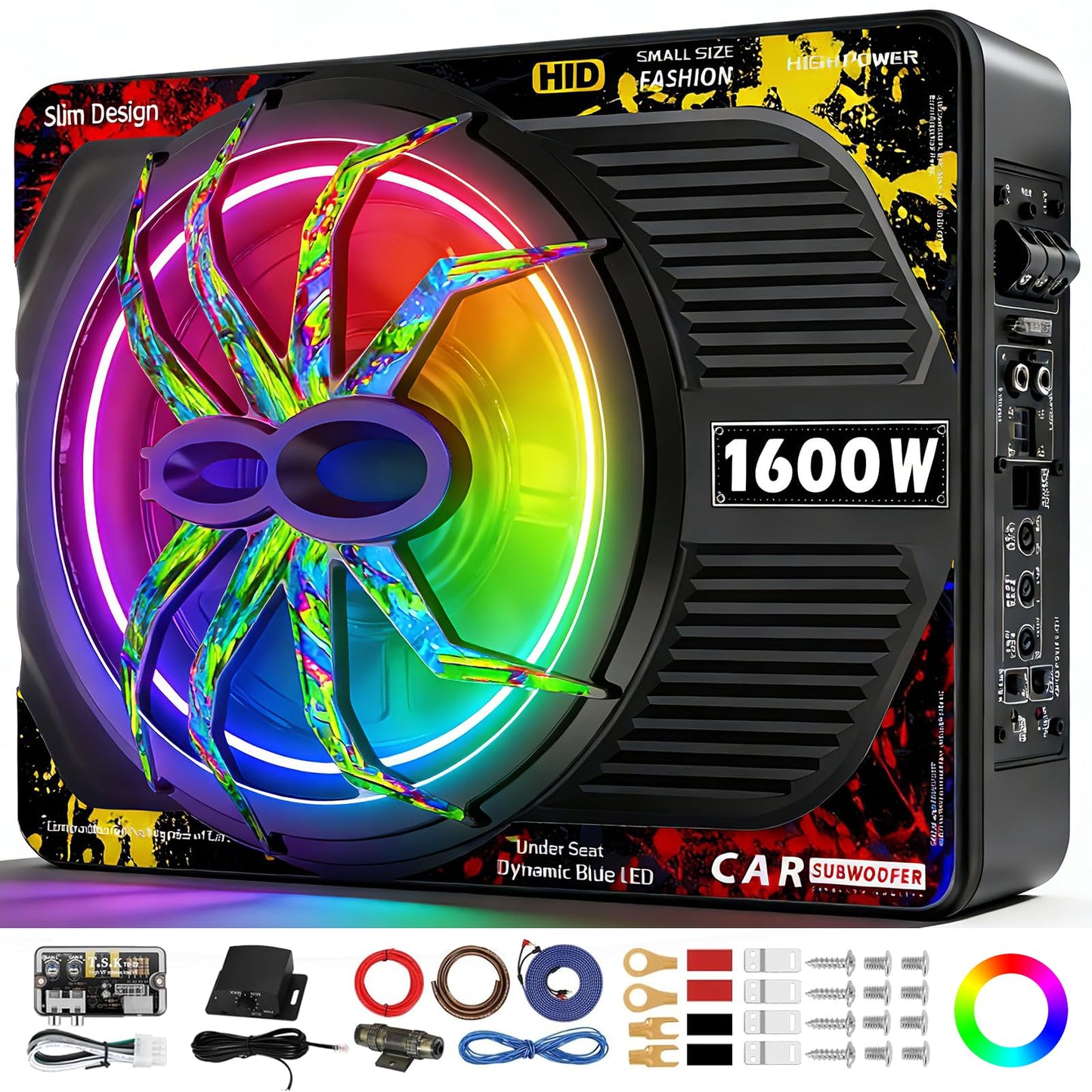 TZGBASS 2026 Upgraded 1600W Slim Underseat Car Subwoofer and Amp Package with RGB Beat-Synced Light, Built-in Class D Amp, Subsonic Deep Bass, Under Seat Subwoofer for Truck SUV Jeep