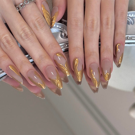 24 Pcs Almond Press on Nails Medium Gold Nails Press on 3D Stiletto Artificial Nails with Gold Swirl Design Stick on Nails Soft Gel Nail Tips for Young Girls