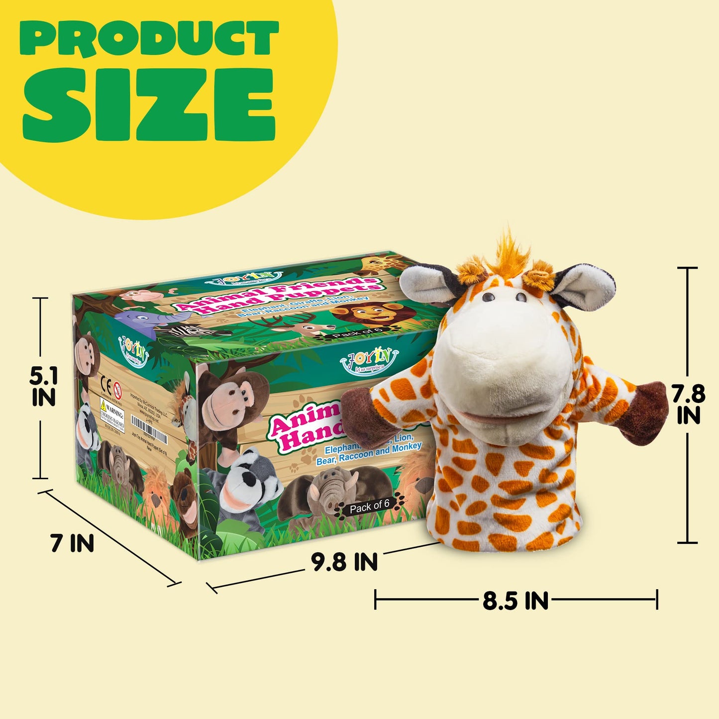 JOYIN 6Pcs Kids Hand Puppet Set with Working Mouth, Toddler Animal Plush Toy Includes Elephant, Giraffe, Lion, Bear, Raccoon and Monkey for Show Theater, Christmas Birthday Gifts for Kid