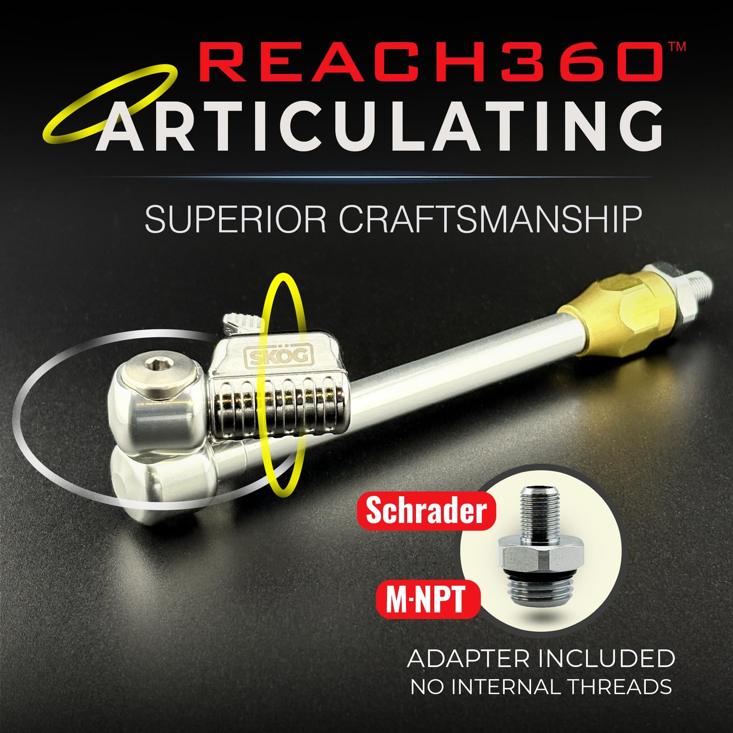 SKÖG Chuck Mates Reach360 Articulating 7-inch Extension for Tire Inflators | 1/4" F-NPT & Schrader Adapter | Dually Trucks RV Bicycle Car Semi