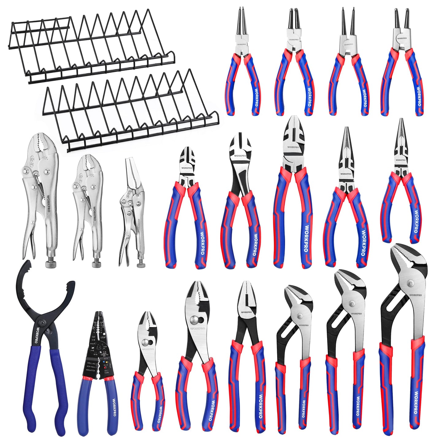 WORKPRO Pliers Set, 20-Piece Full Assortment of Pliers with 2-pack Plier Organizer Rack, Great Fits for Tool Box Drawer or Tool Chest, Ideal as Home, Garage, Mechanics & DIY Projects