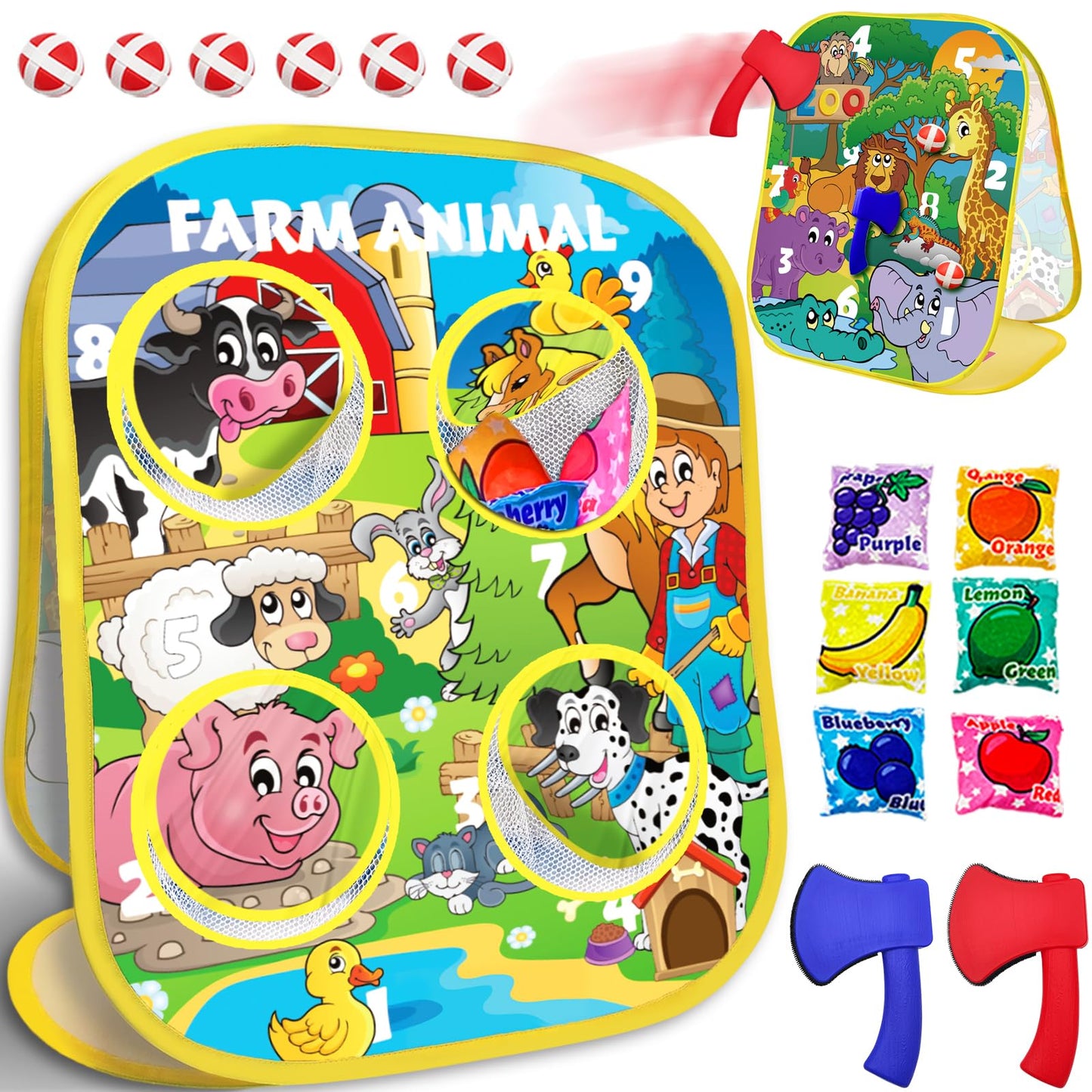 3-in-1 Farm Animal Bean Bag Toss Game for Boy Toddler Ages 3 4 5 Year Old, Cornhole Bags Set for 3-5 Preschool Kid, Outdoor Play Outside Toys in Backyard Lawn, Indoor Family Party Game, Birthday Gifts