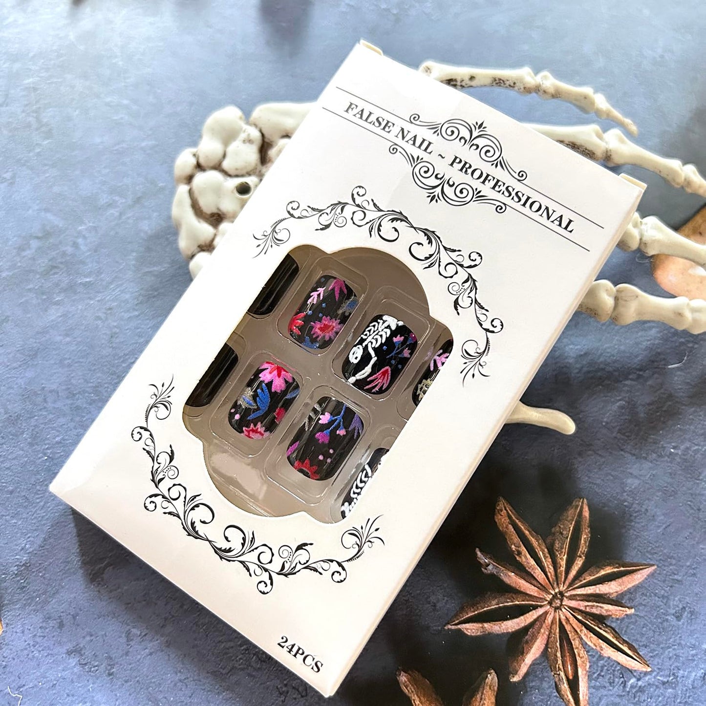 CJDLTS Black Halloween Press on Nails Short Square White Skull False Nail Acrylic Artificial Fingernails Colorful Flowers Design Full Cover Glossy Festival Stick on Nails for Women Supplies 24Pcs