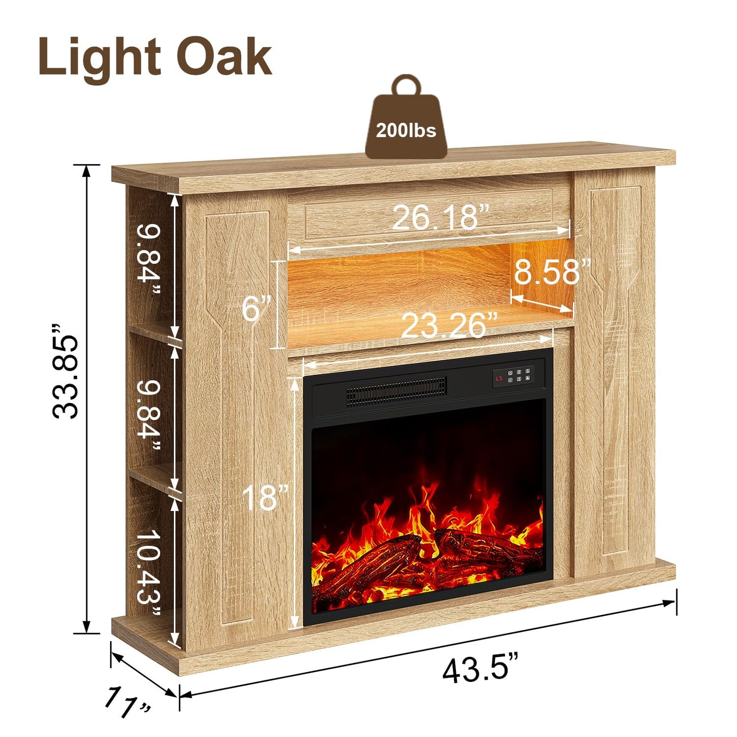 Ofika 43” Electric Fireplace with Mantel, Solid Wood Modern TV Stand with Fireplace Freestanding Entertainment Center with Storage Compartment, 23" Fireplace Insert Heater for Living Room，Wood