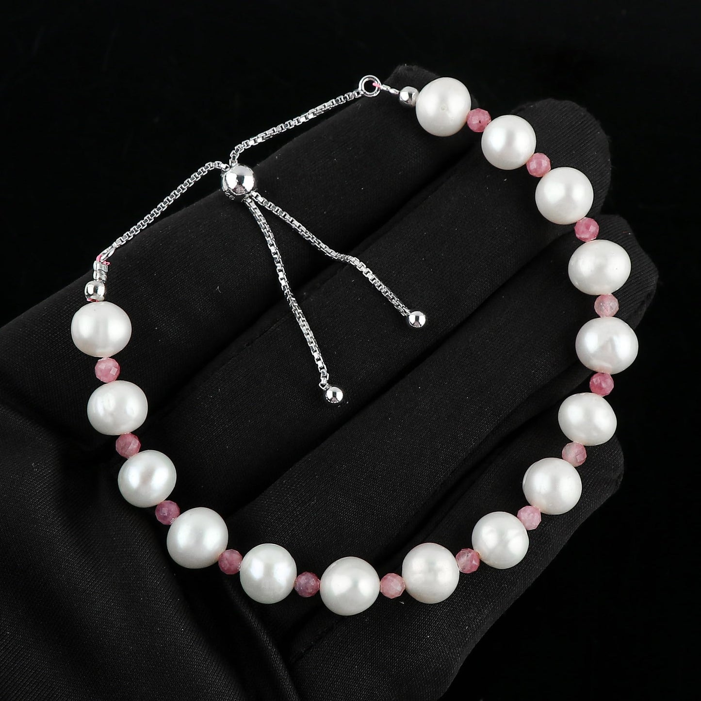 CRYSTALIS Natural Pink-Tourmaline And Freshwater Pearl Beaded Bracelet, Elegant Beads Crystal, Chakra Bracelet, Healing Bracelet, Gemstone Jewelry, 925 Sterling Silver Slider 10 inch