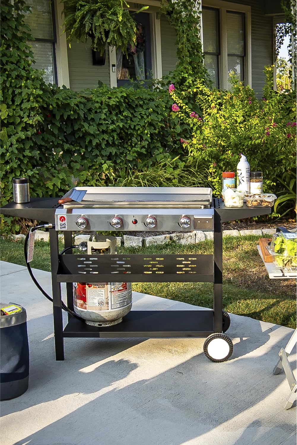 Gas One Flat Top Grill With 4 Burners - Premium Propane Outdoor Grill Cart - Stainless Steel Auto Ignition Camping Griddle - Easy Cleaning Cooking
