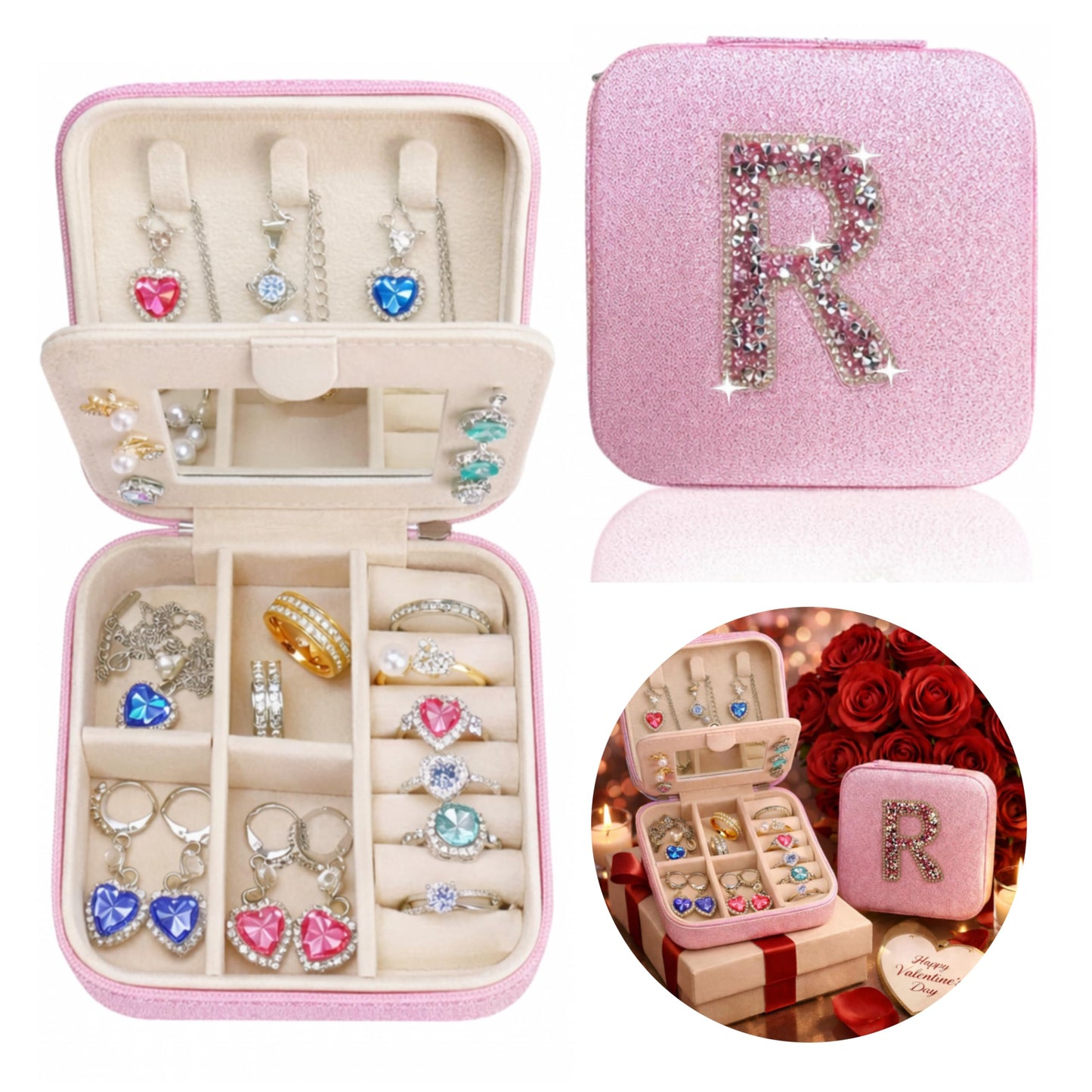 Zyvora Travel jewelry case Travel jewelry box Travel Jewelry Organizer Small box Gift for Girls Women with Mirror (Pink + R)