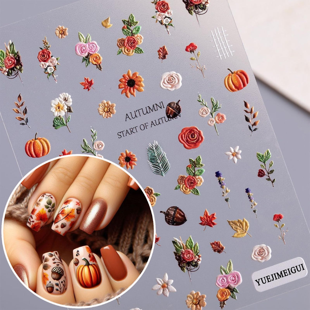 2 Sheets Maple Leaf Nail Art Sticker 5D Embossed Thanksgiving Pumpkin Nail Stickers Pinecone Rose Ginkgo Leaf Design Nail Decals for Women Autumn Manicure Decoration